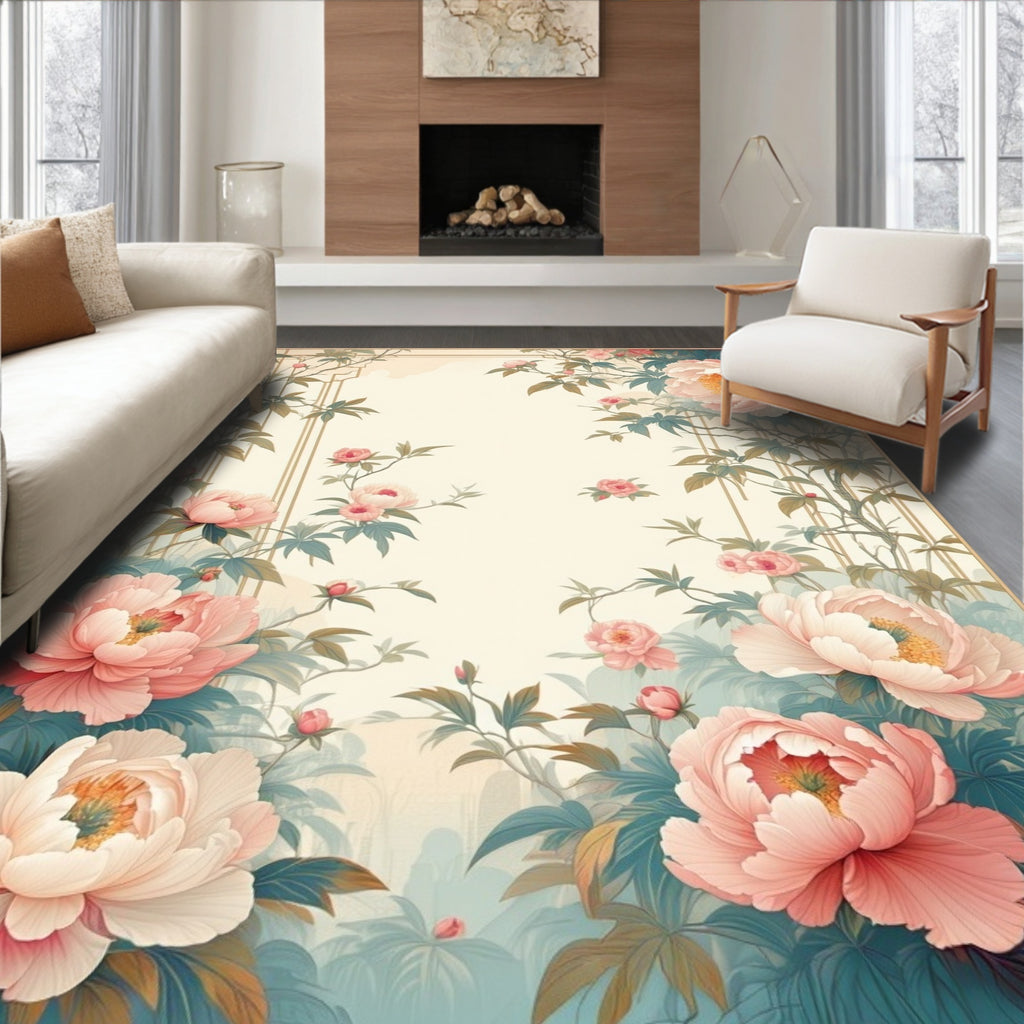 Elegant Peonies Bamboo Floral Design Rug