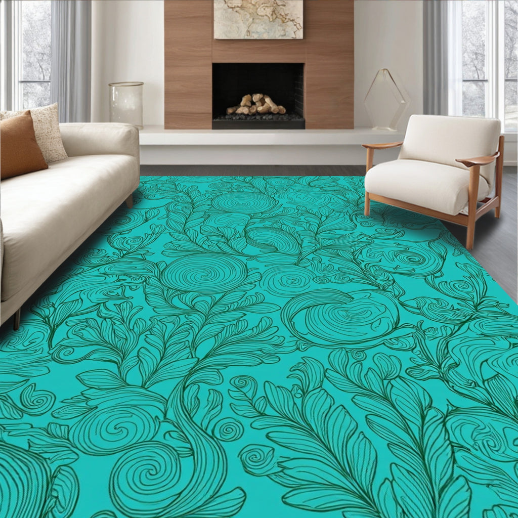 Aqua Marine Floral Swirl Pattern Rug