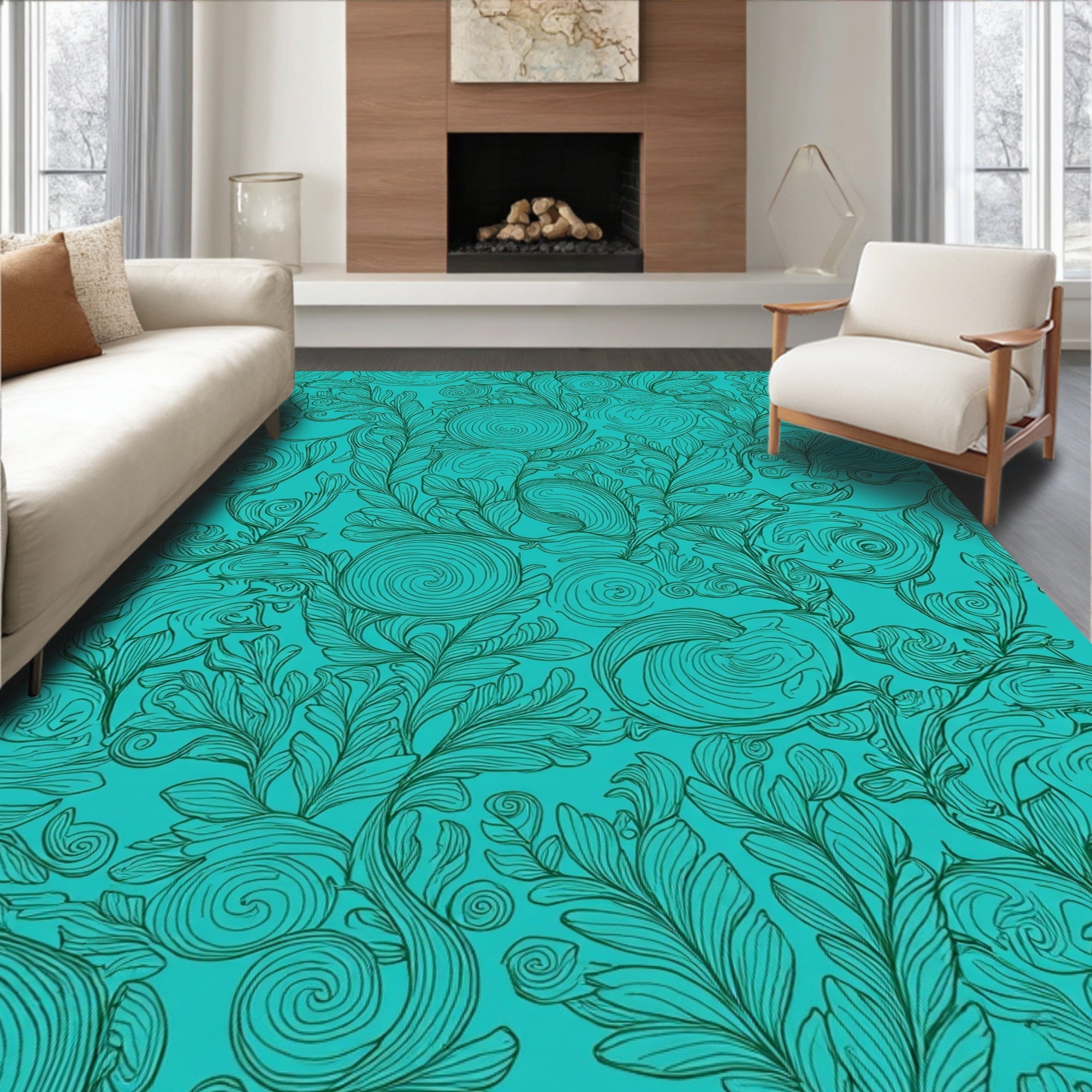 Aqua Marine Floral Swirl Pattern Rug
