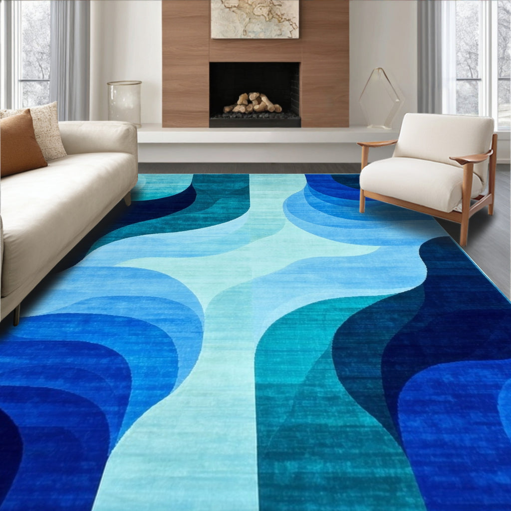Teal Blue Abstract Wave Rug
