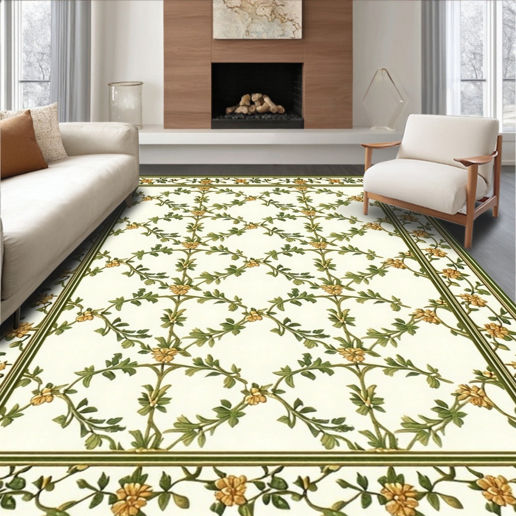 Green Floral Vine Lattice Rug
