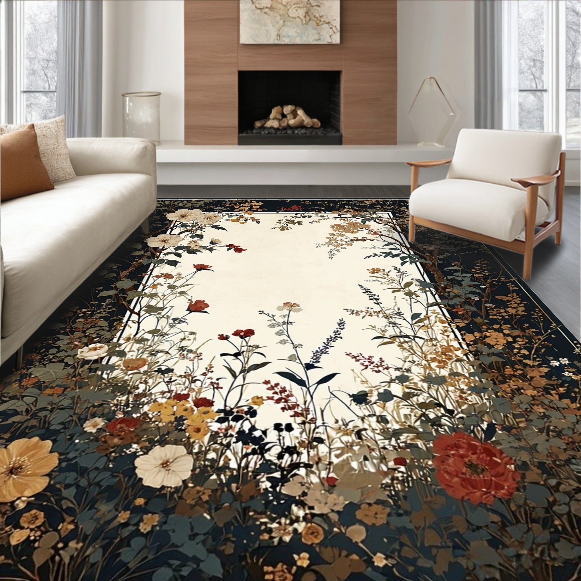Vintage Floral Garden Botanical Print Rug