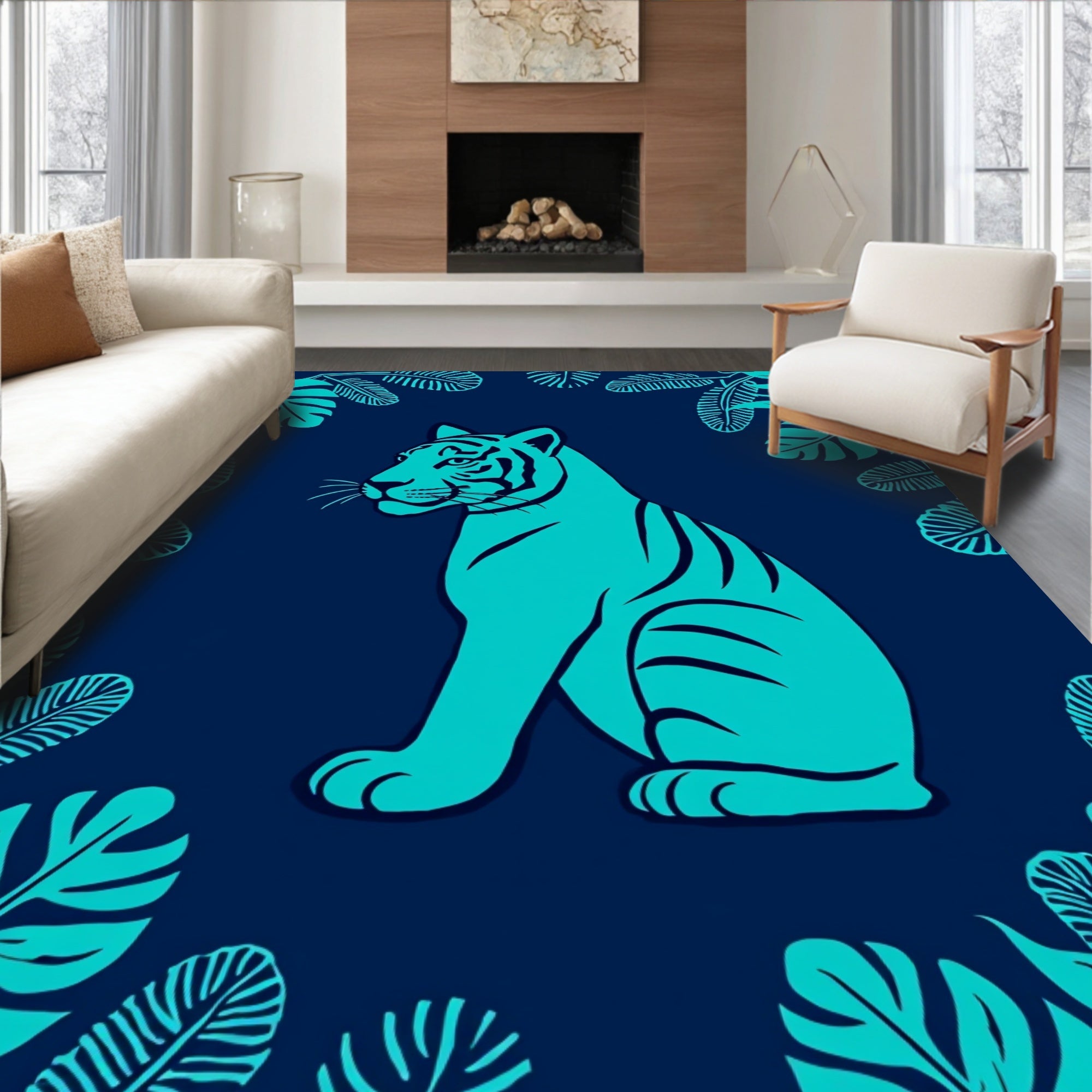 Aqua Tiger Tropical Jungle Print Rug