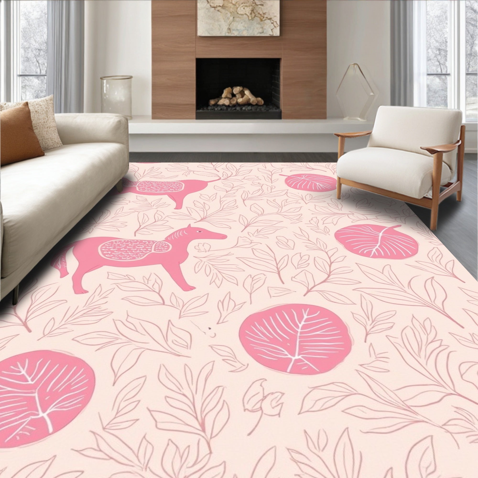 Whimsical Pink Horse Foliage Pattern Rug