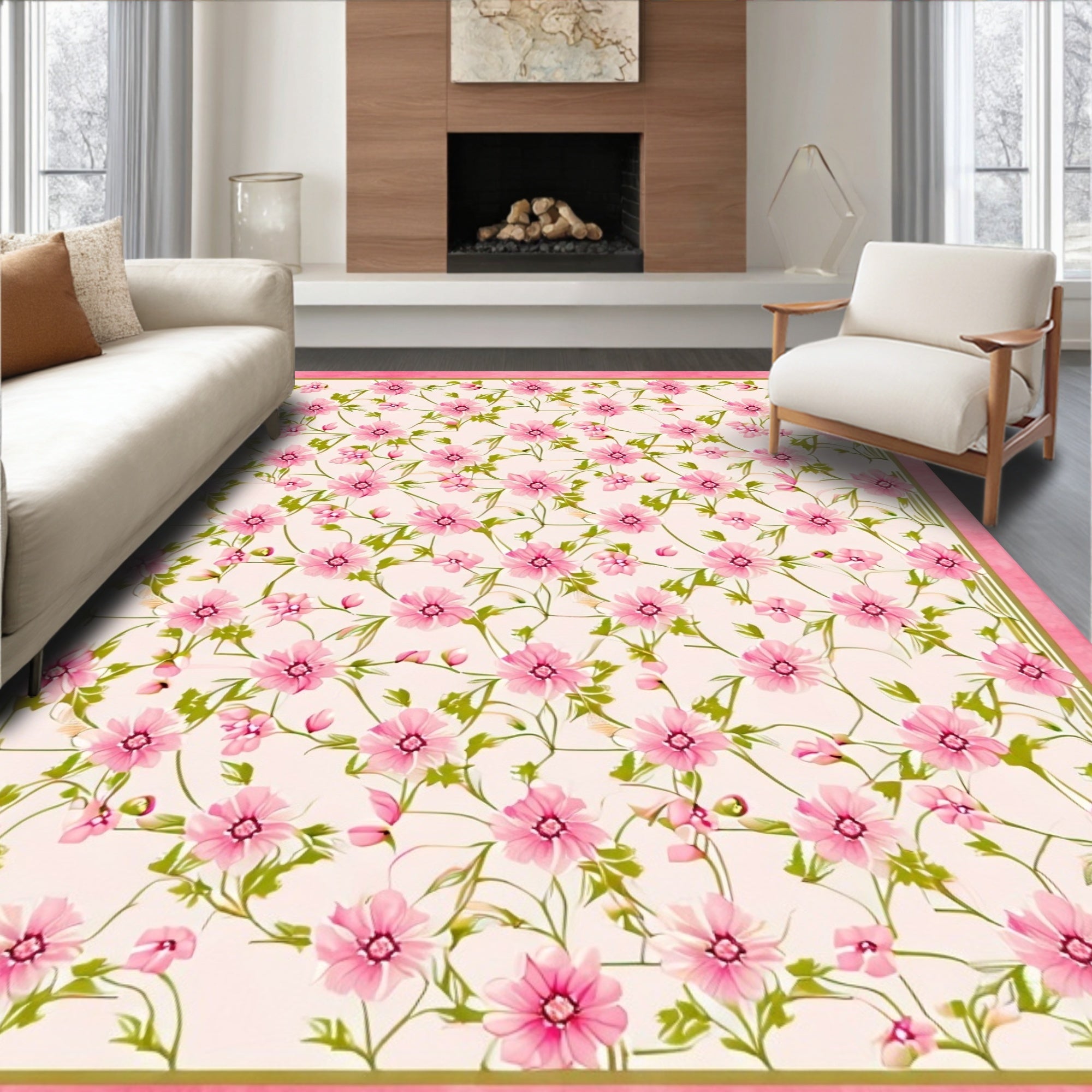 Pretty Pink Floral Vine Pattern Rug
