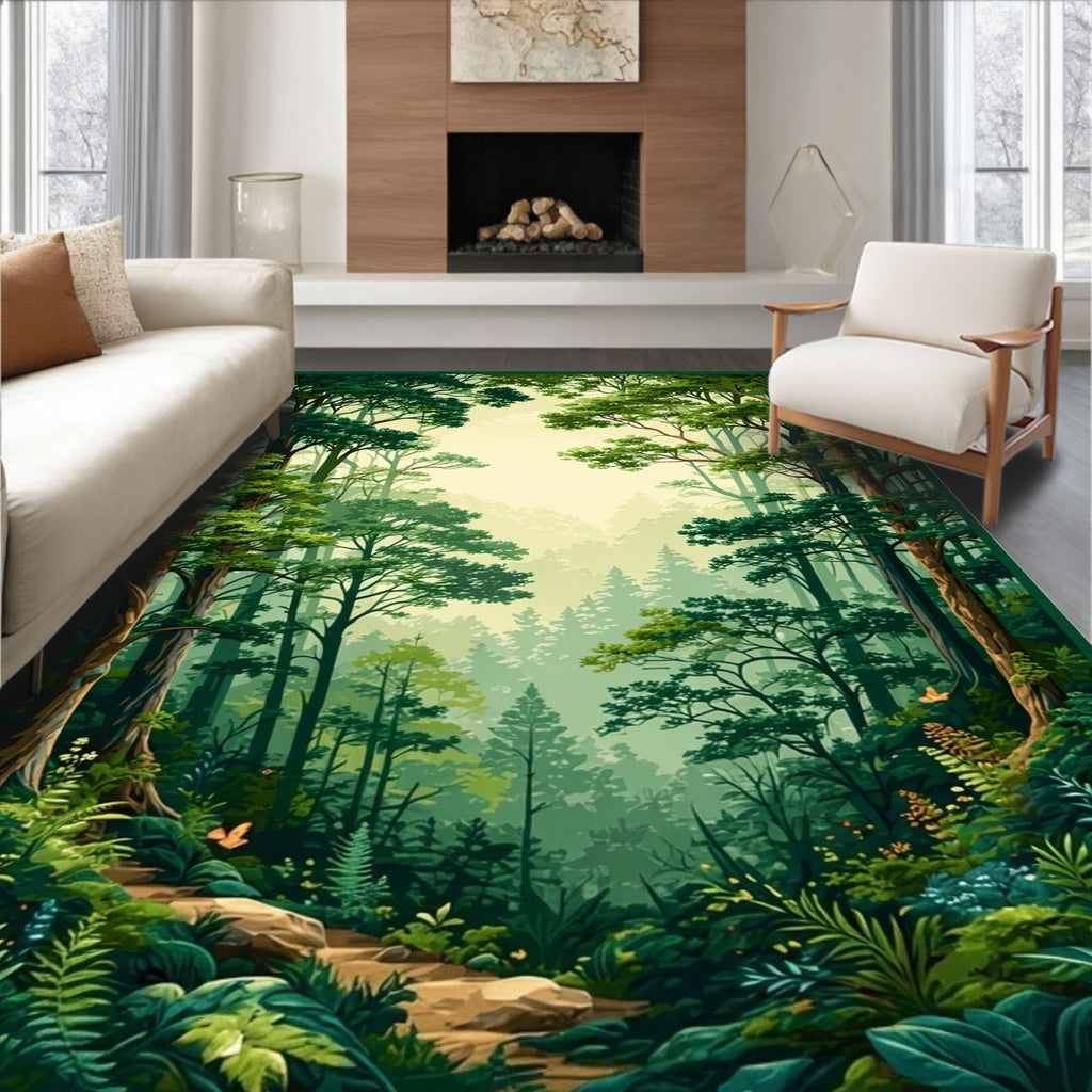 Lush Green Forest Path Design Rug