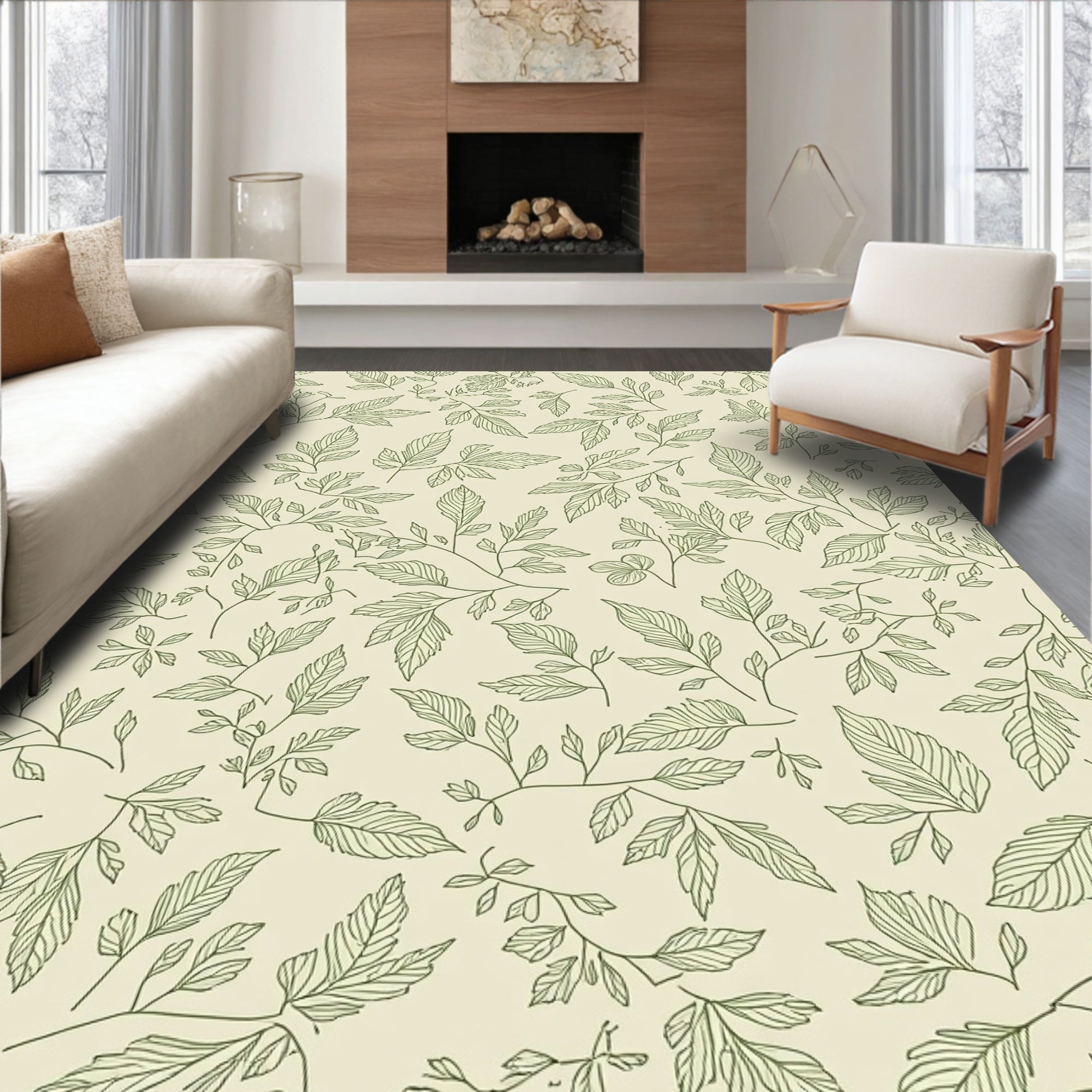 Elegant Green Branch Leaf Pattern Rug