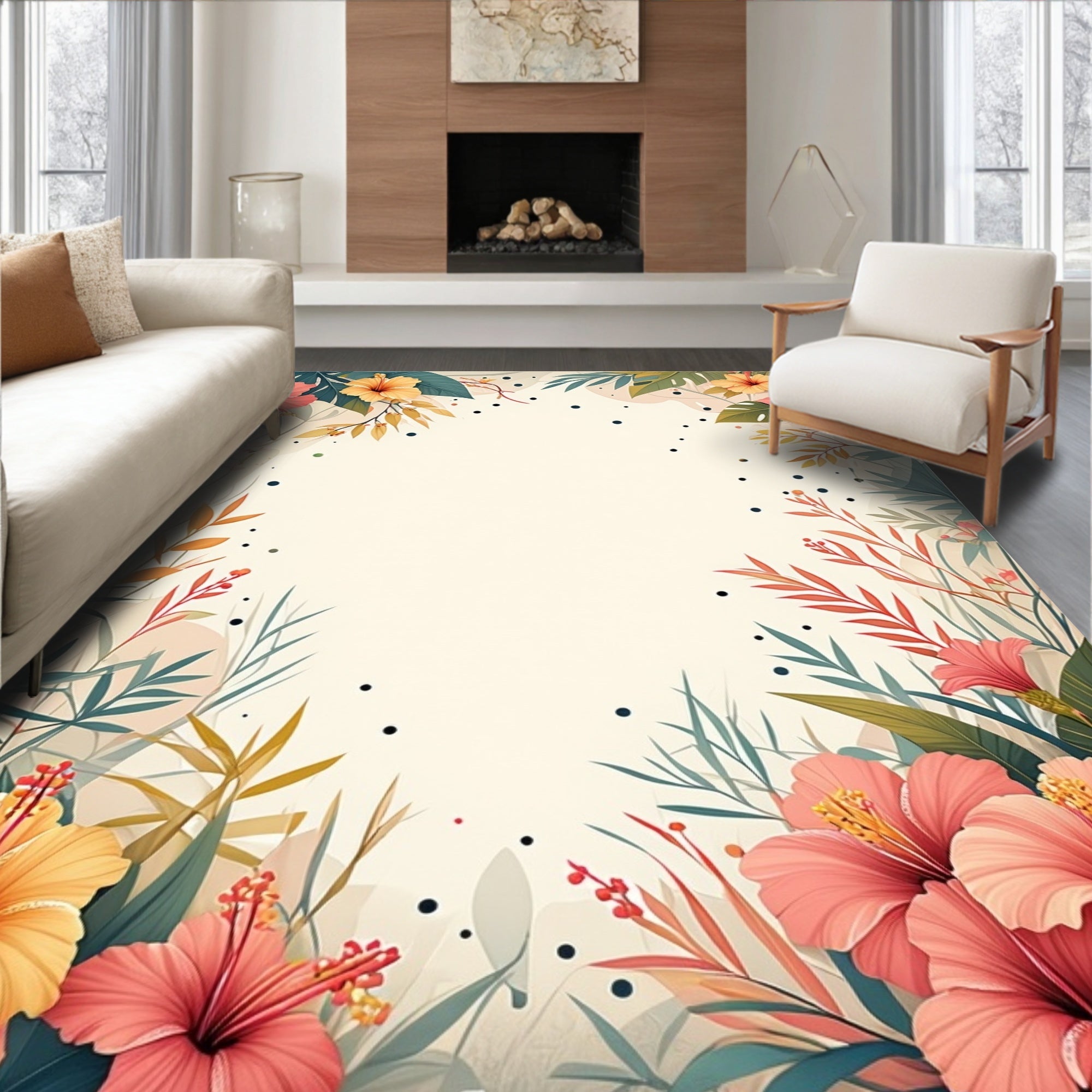 Tropical Hibiscus Floral Botanical Design Rug