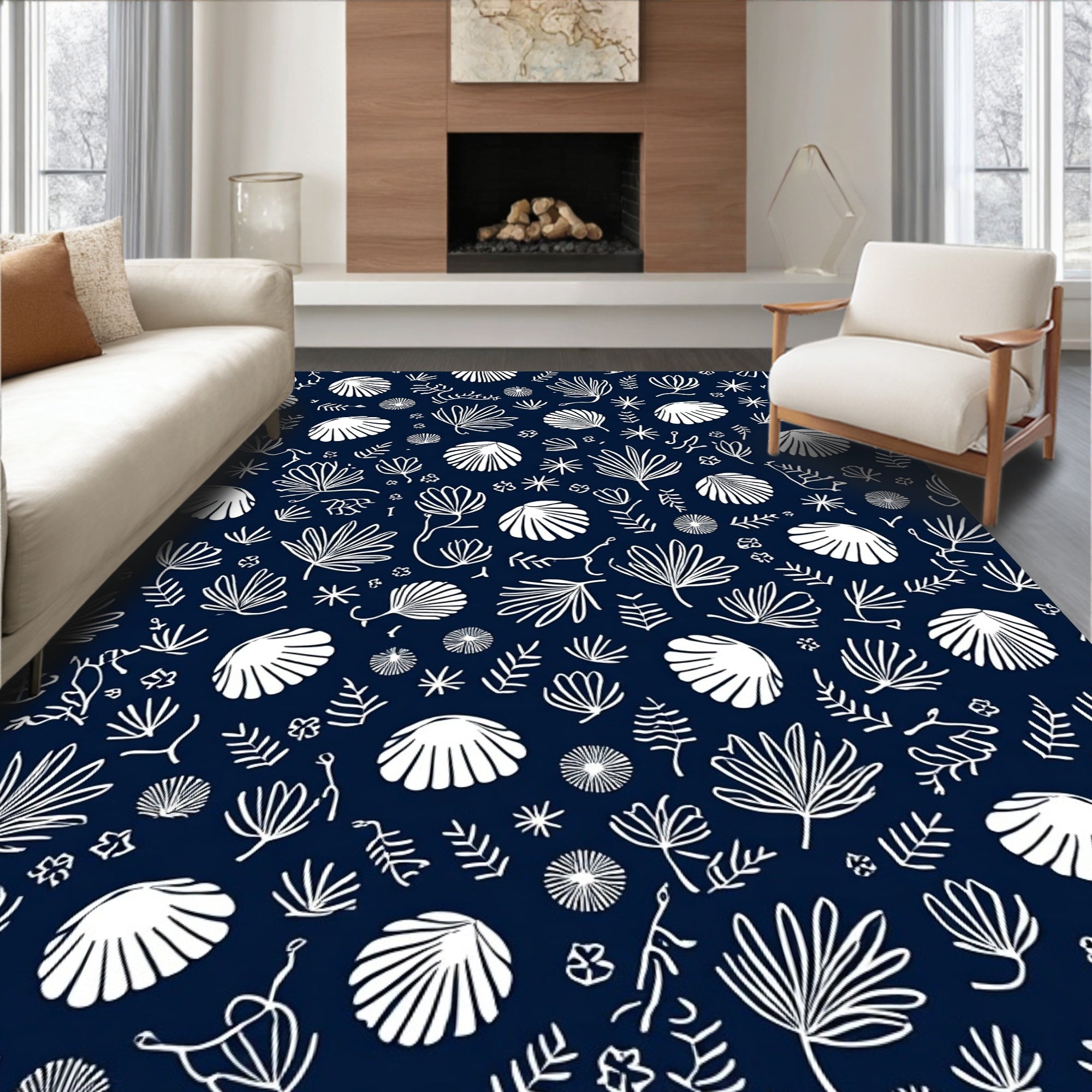 White Shell Leaf Pattern Rug