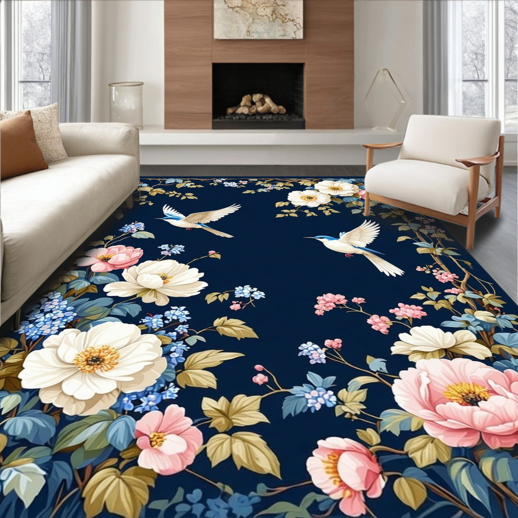 Floral Birds And Blossoms Dark Blue Rug