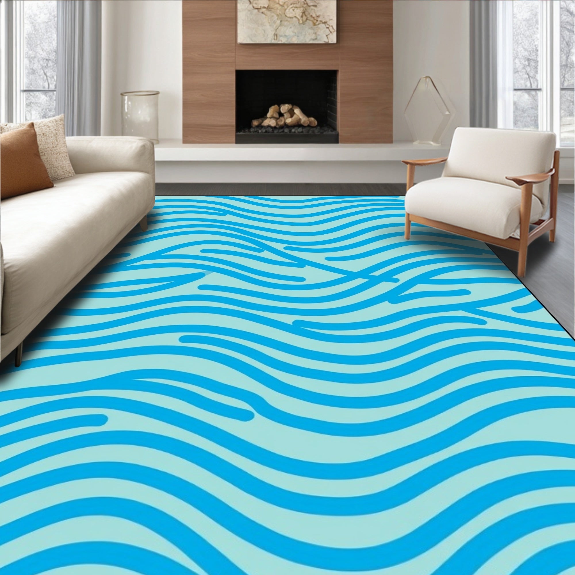 Aqua Wavy Lines Pattern Rug