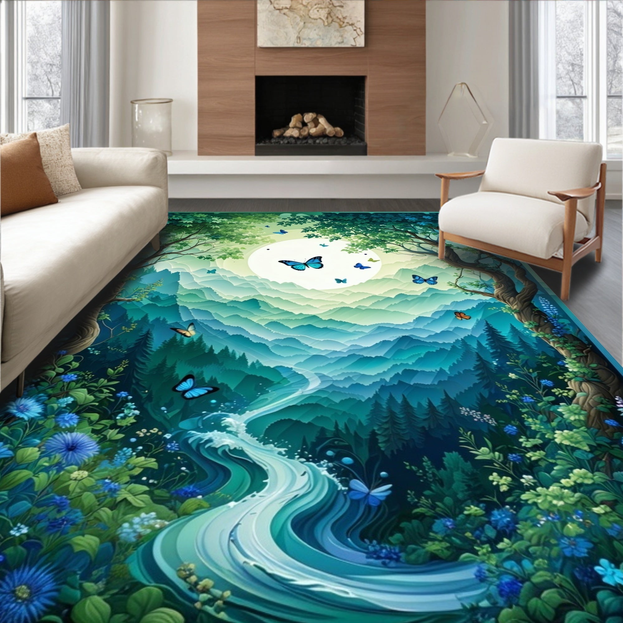 Dreamy Forest Butterfly River Landscape Rug
