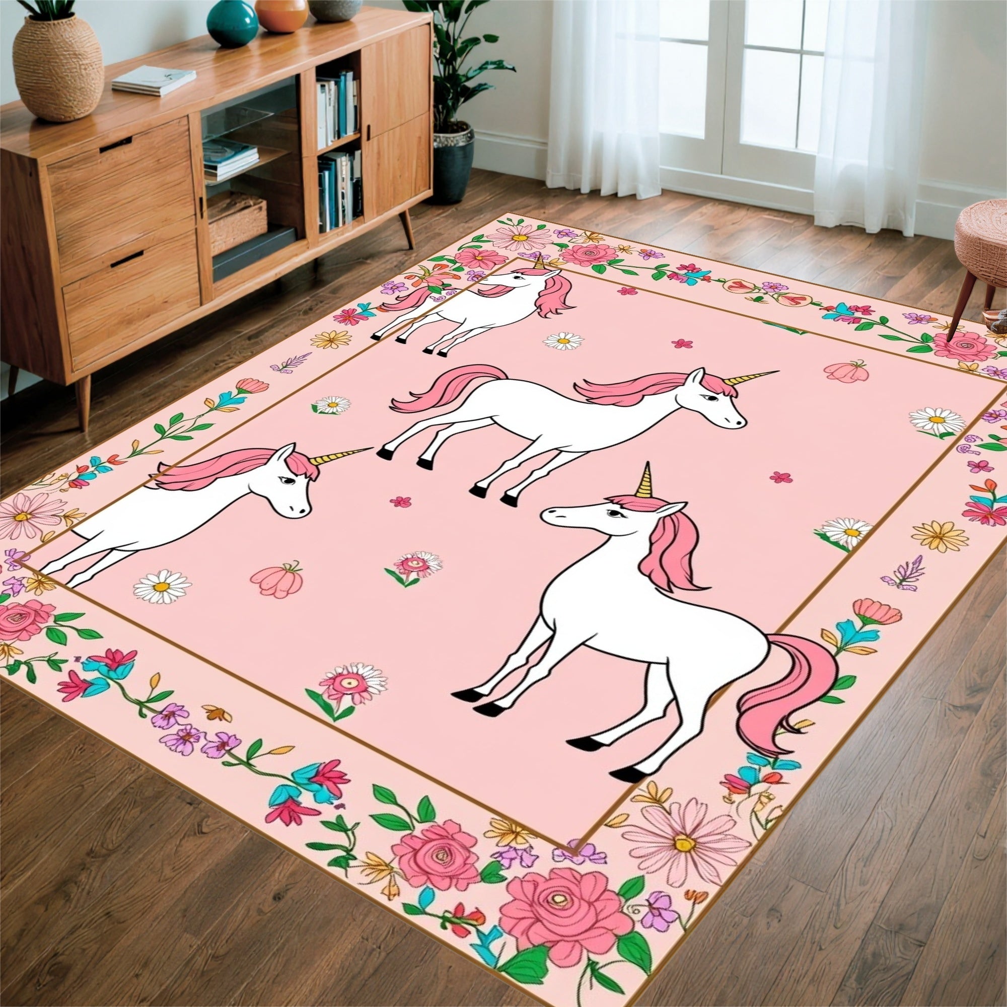 Enchanting Unicorns Floral Frame Design Rug