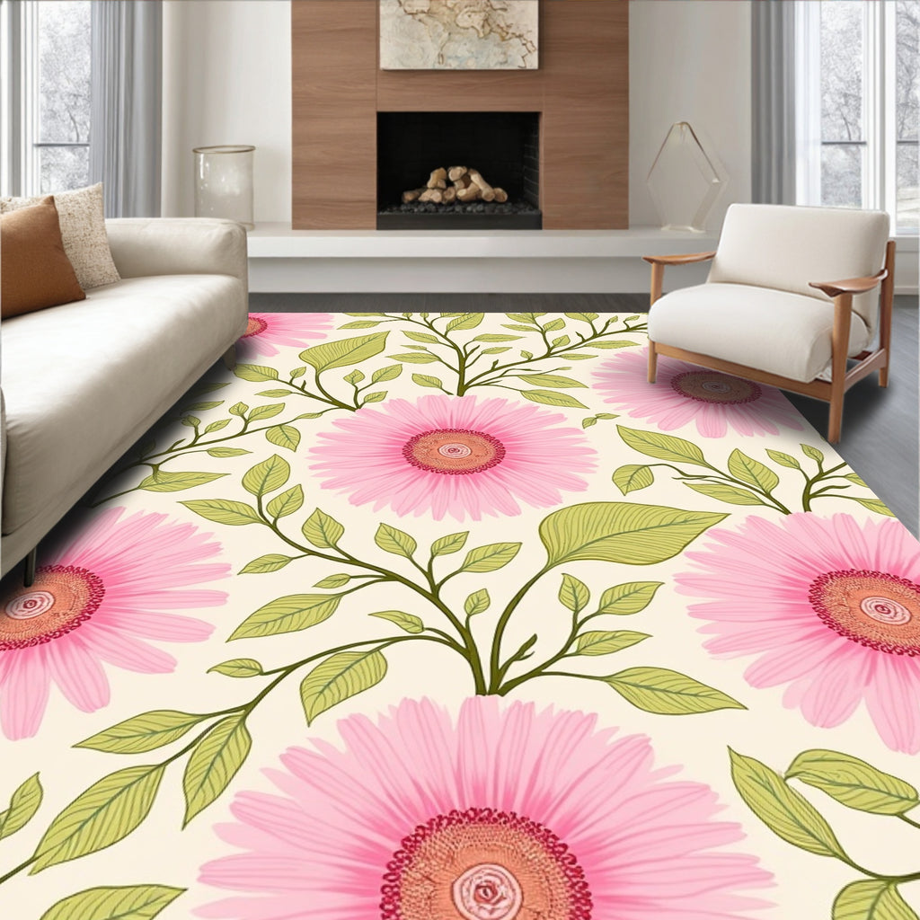 Floral Print Pink Daisy Vine Design Rug
