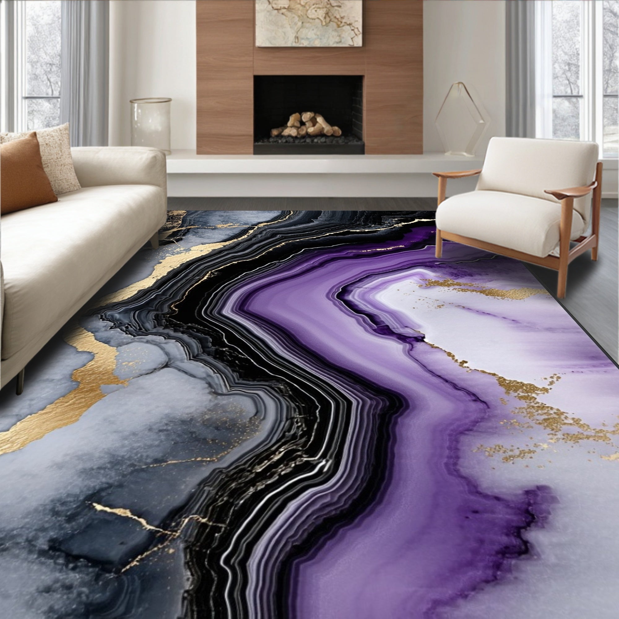 Purple Black Gold Agate Style Rug
