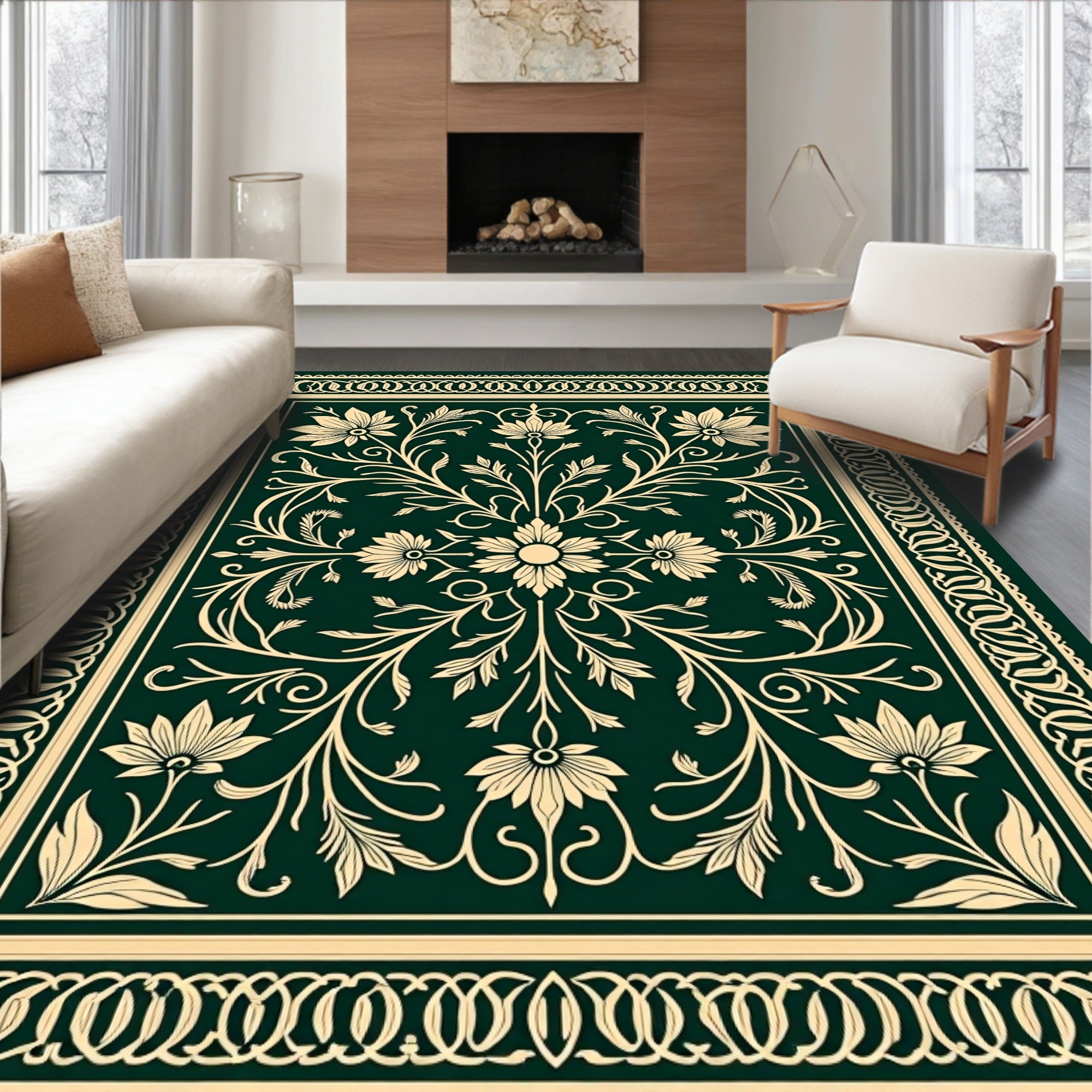 Emerald Golden Floral Vine Scroll Rug