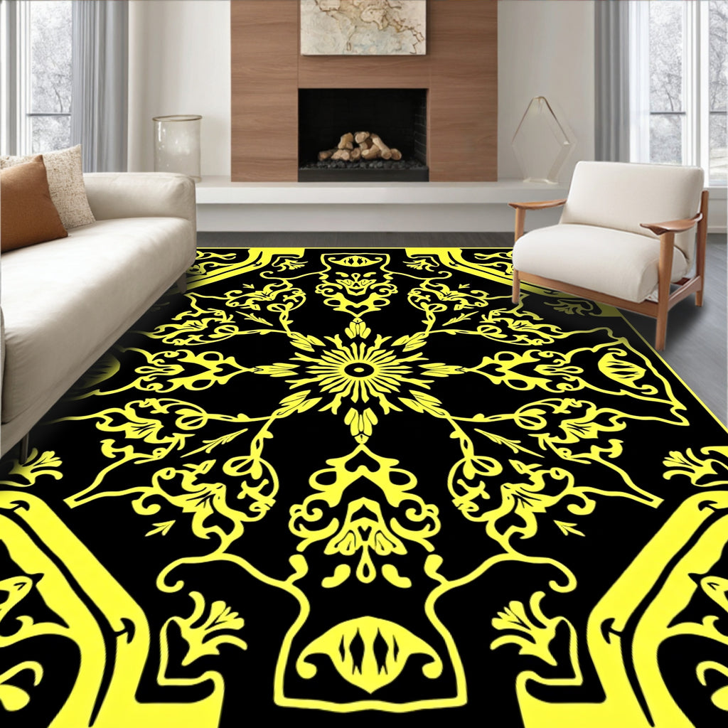 Bold Yellow Floral Symmetry Design Rug