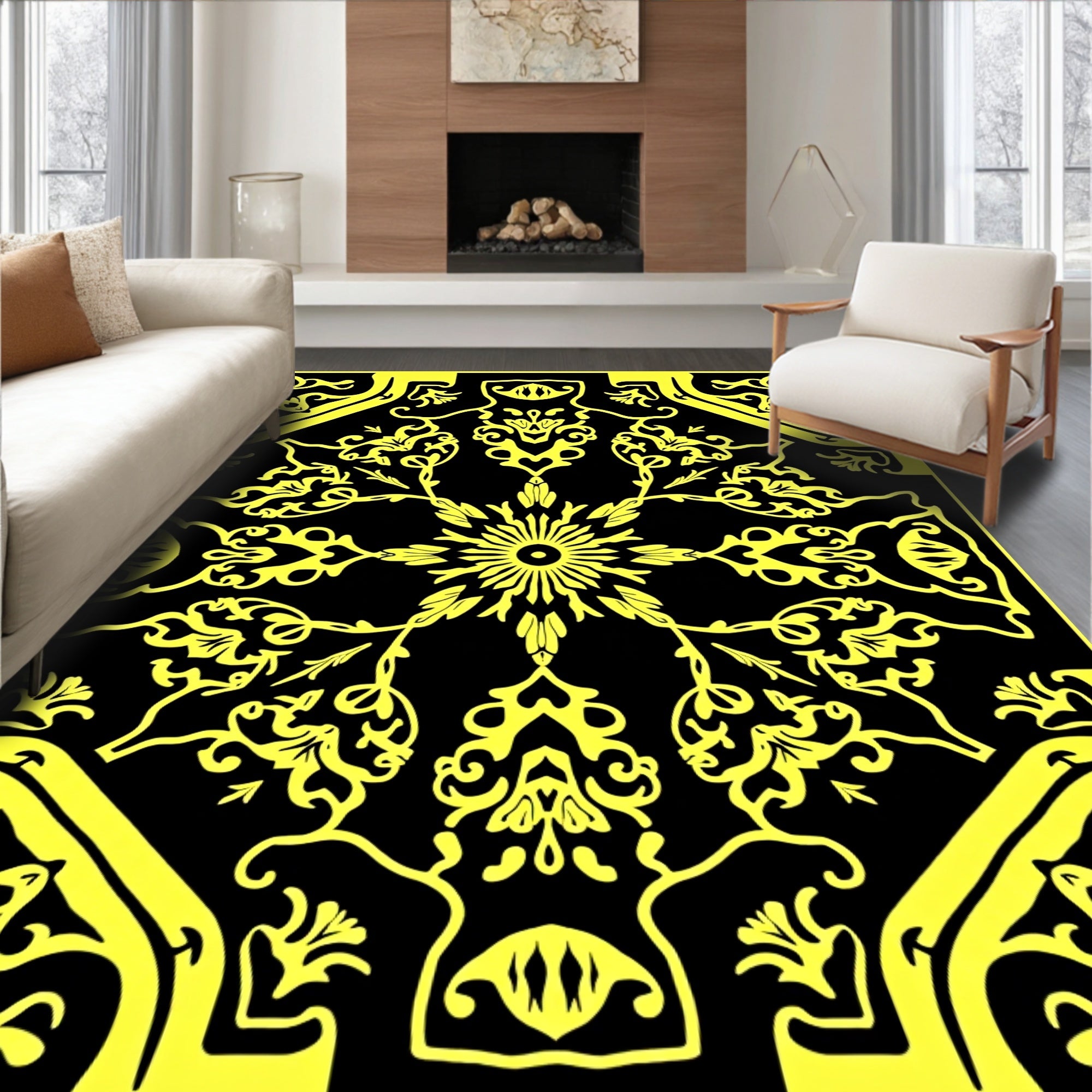 Bold Yellow Floral Symmetry Design Rug