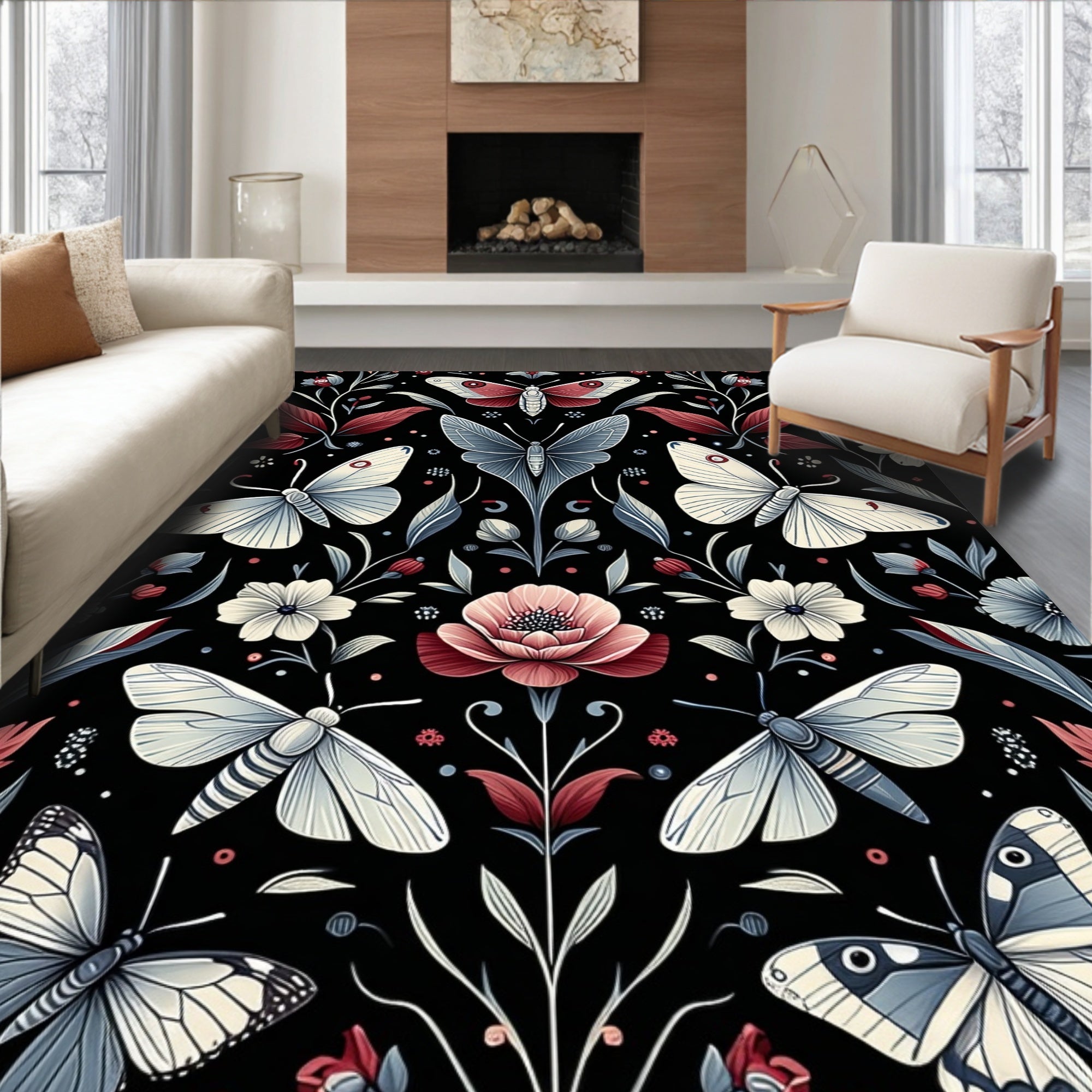 Whimsical Butterfly Floral Pattern Design Rug