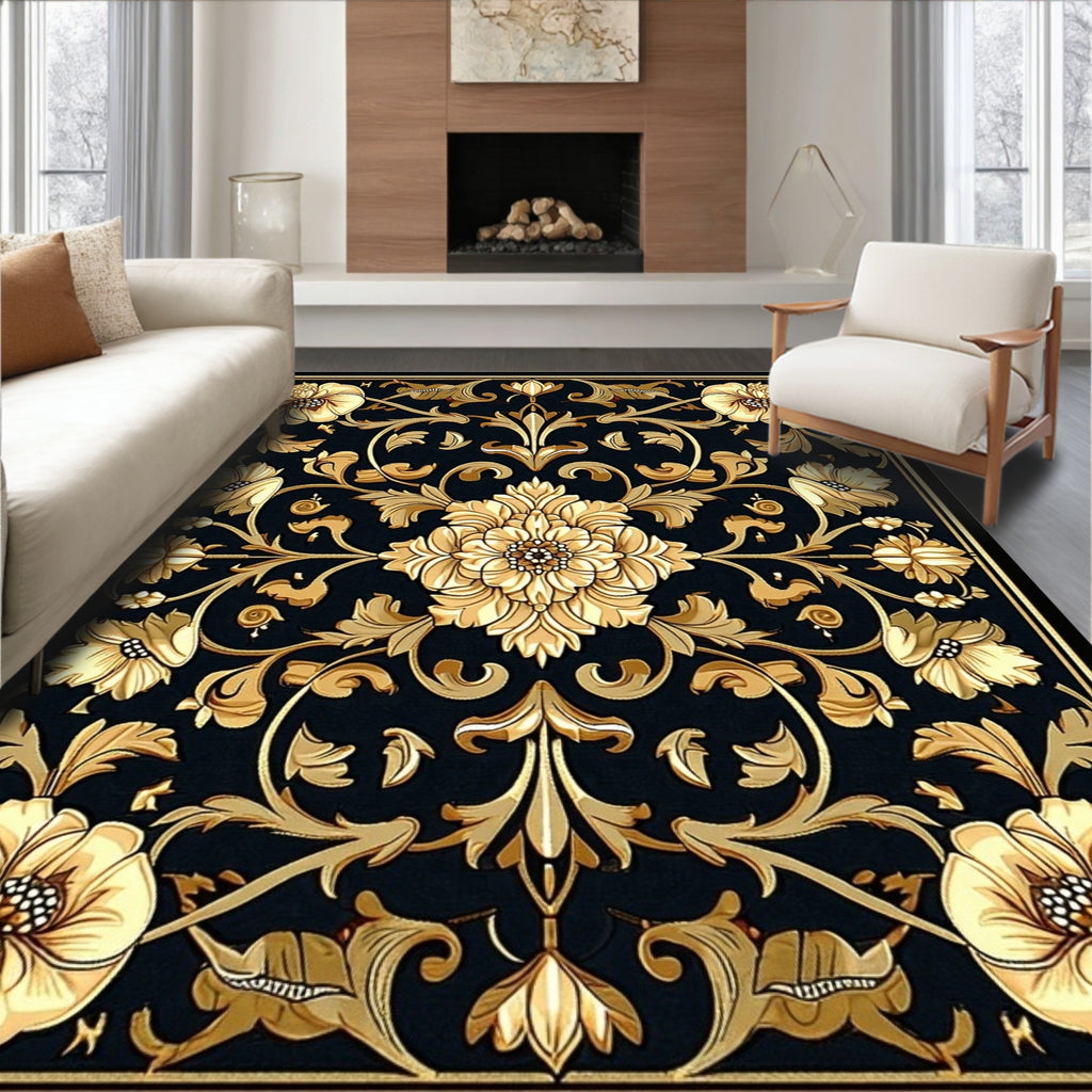 Ornate Floral Vine Black Gold Rug