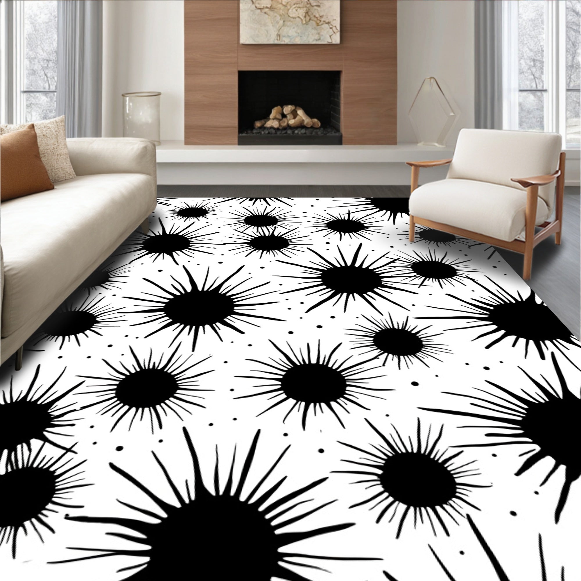 Black Splatter Starburst Pattern Rug