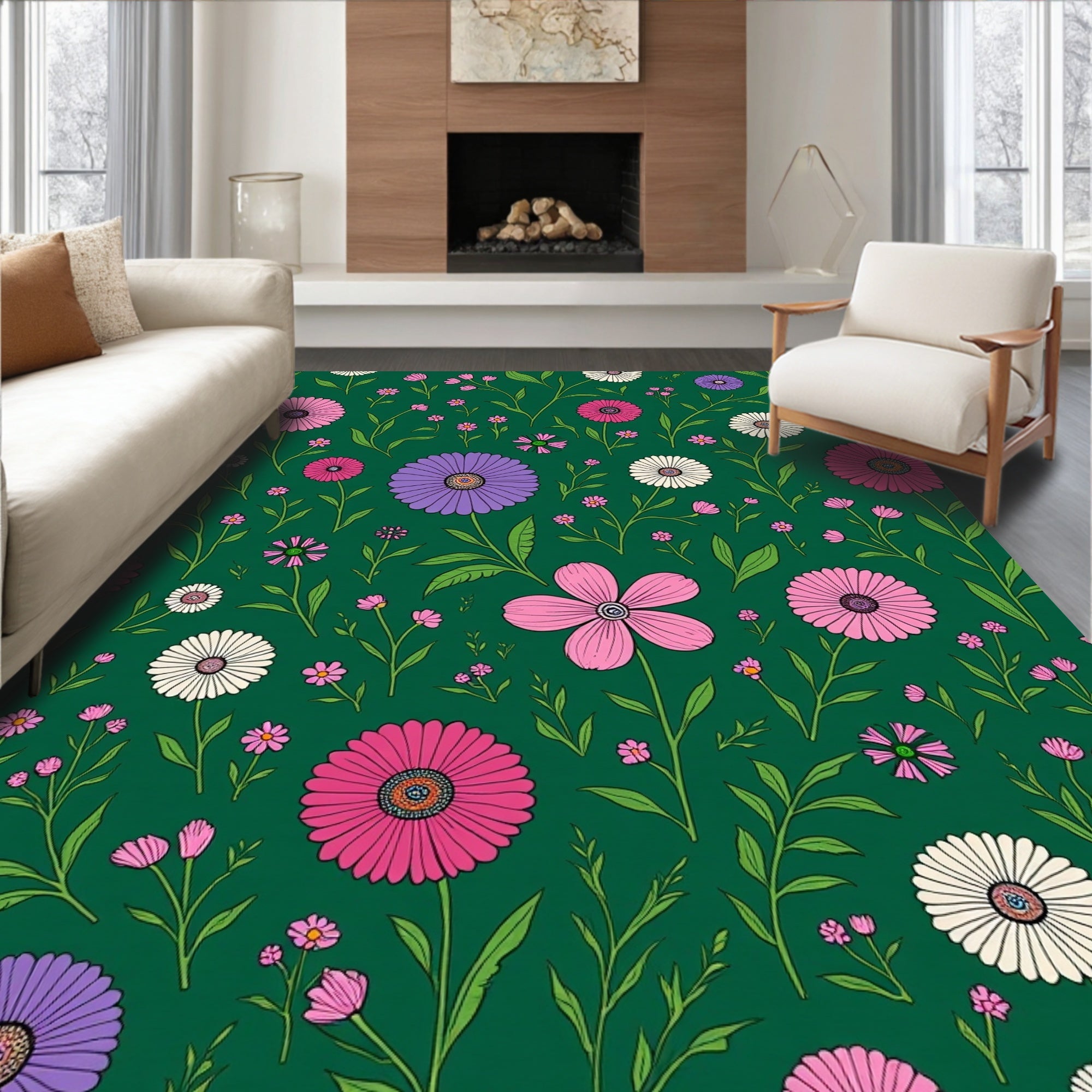 Vibrant Floral Patterned Green Rug