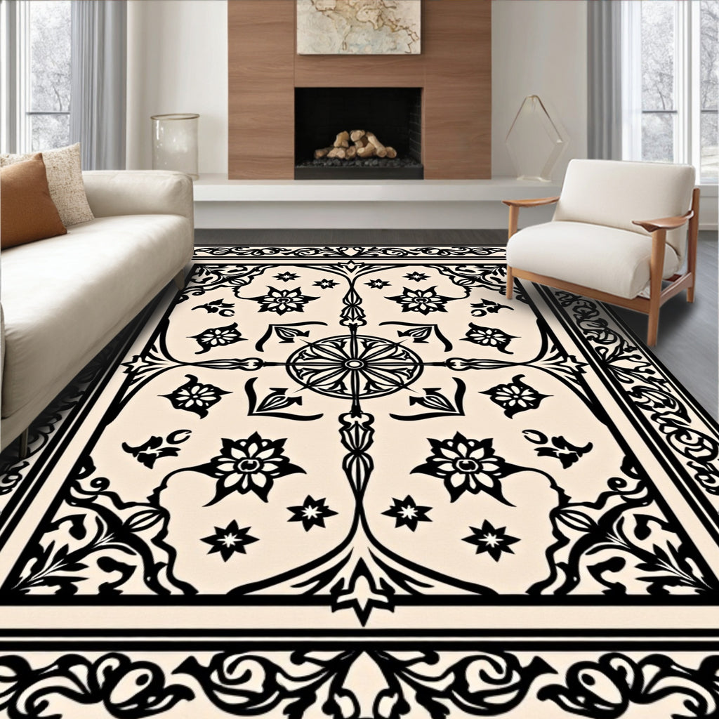 Ornate Black Floral Decorative Pattern Rug