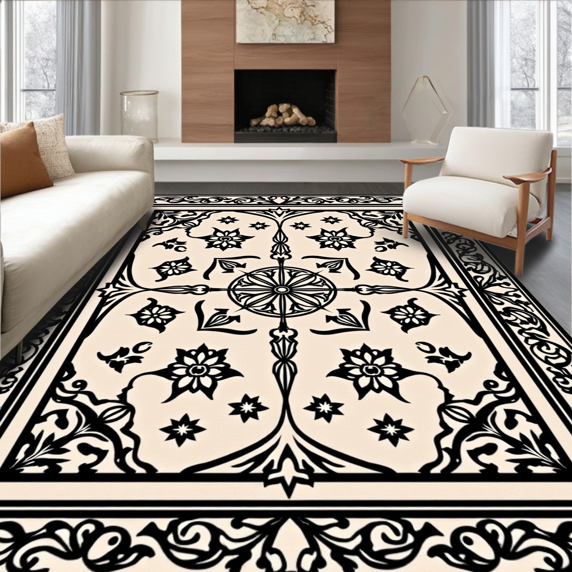 Ornate Black Floral Decorative Pattern Rug