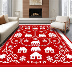 Charming Red White Village Snowflakes Rug