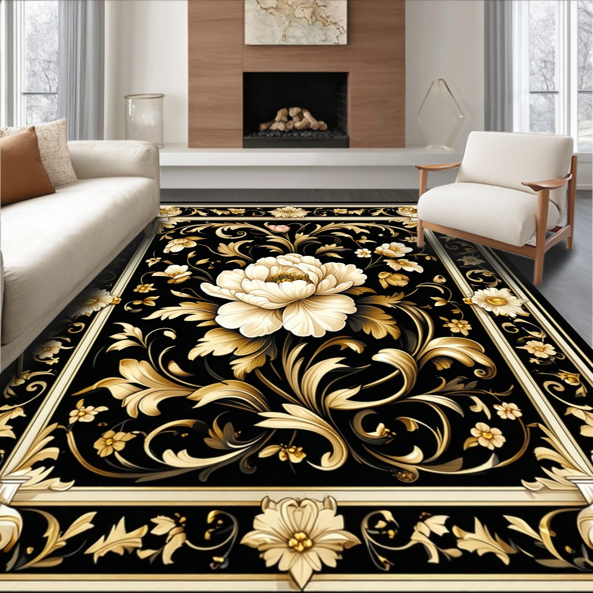 Elegant Black Gold Floral Scrollwork Rug