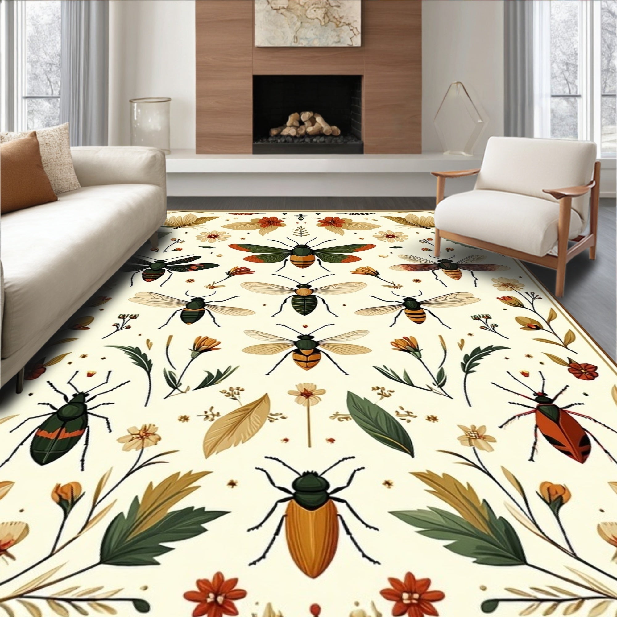 Whimsical Insect Floral Pattern Design Rug
