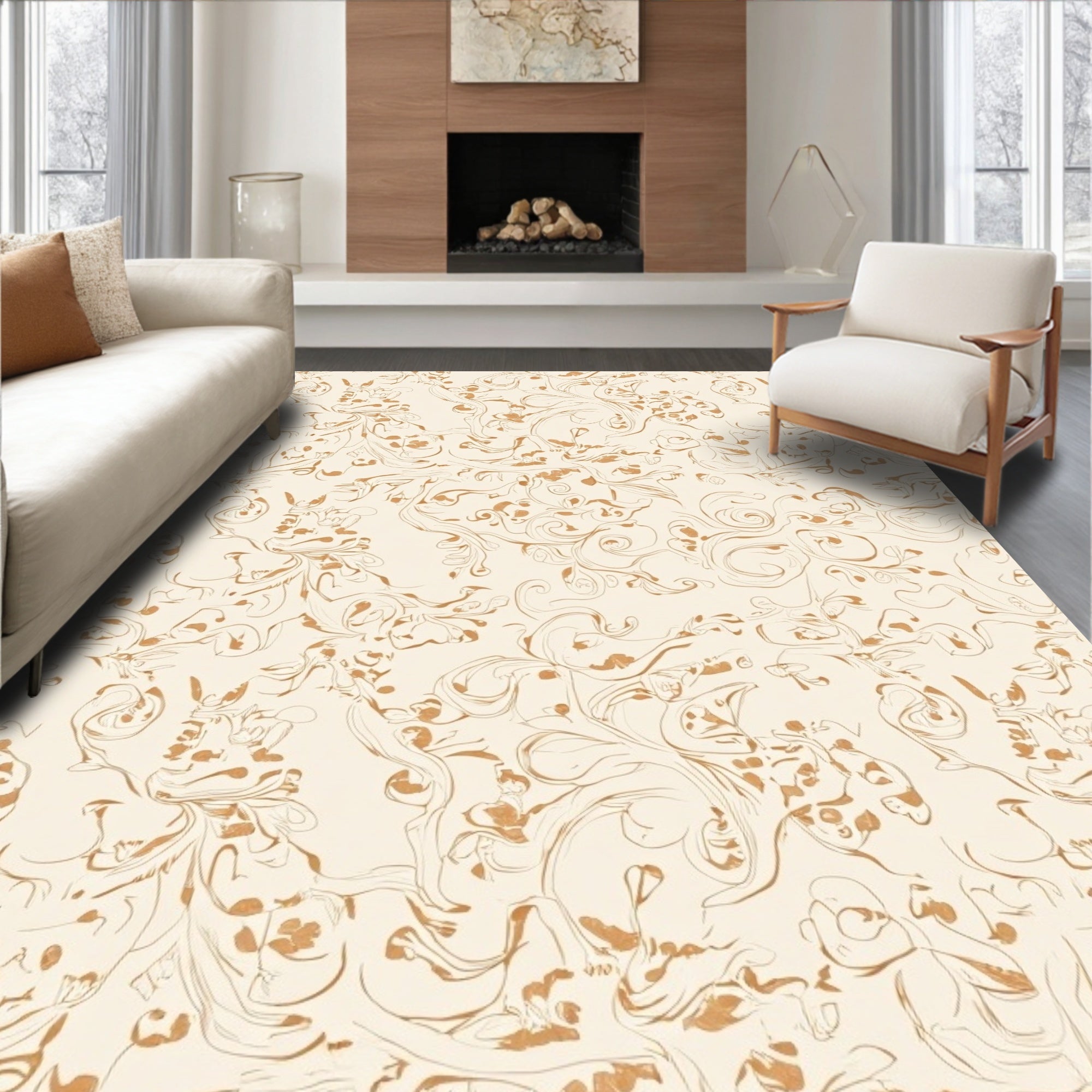 Organic Scrollwork Floral Design Rug