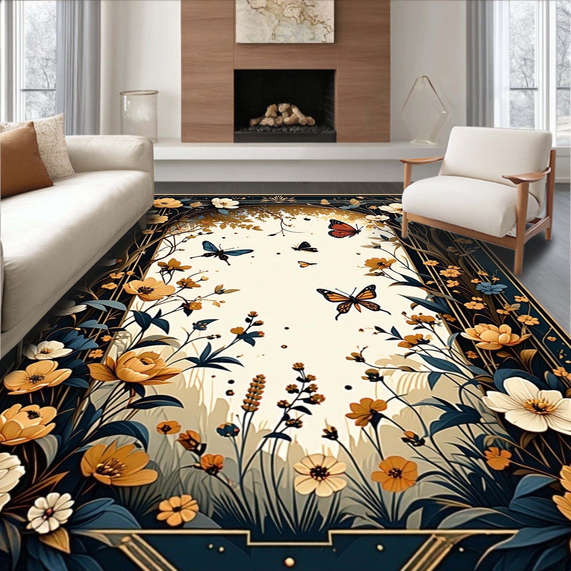 Floral Butterfly Woodland Garden Rug