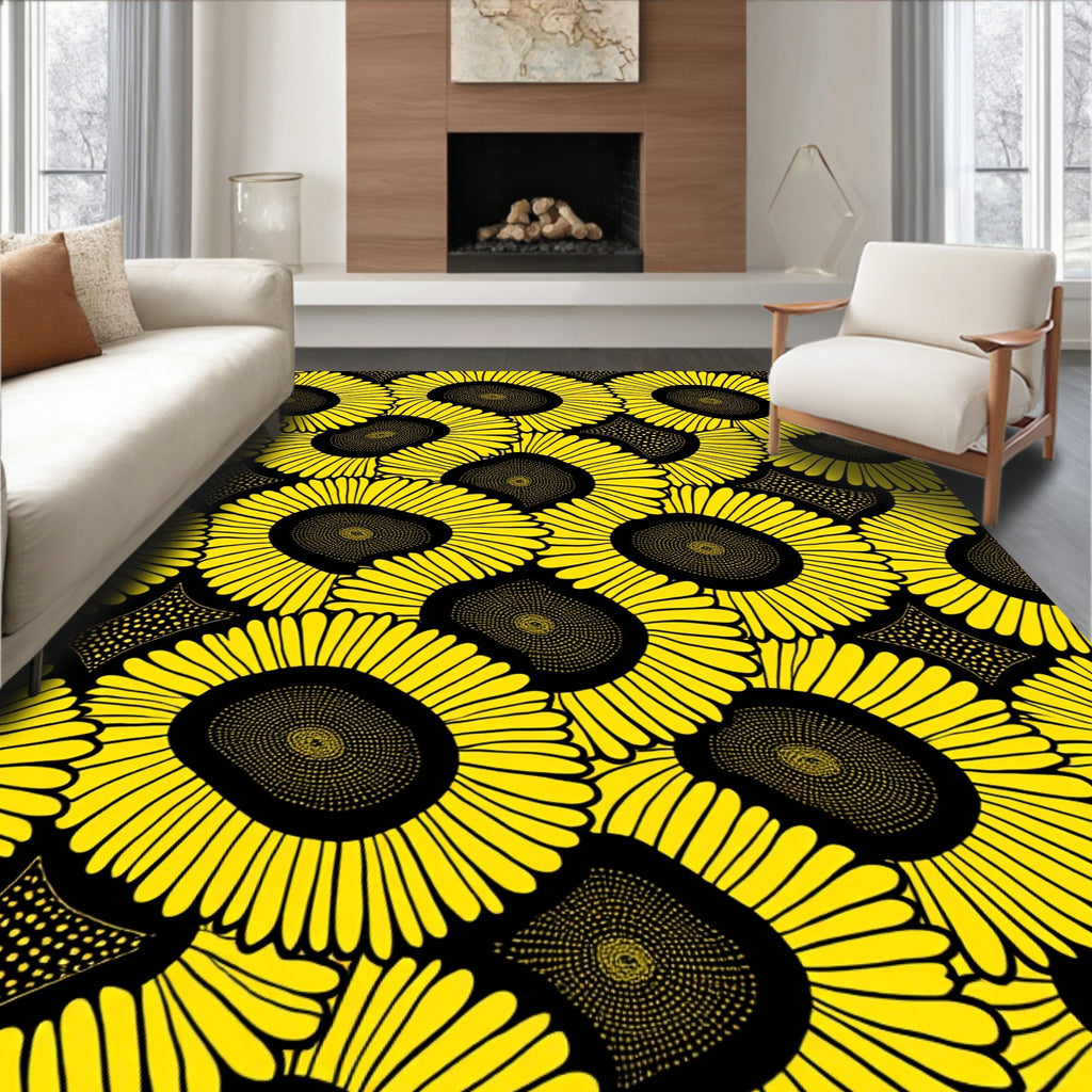 Bright Sunflowers In Black Pattern Rug