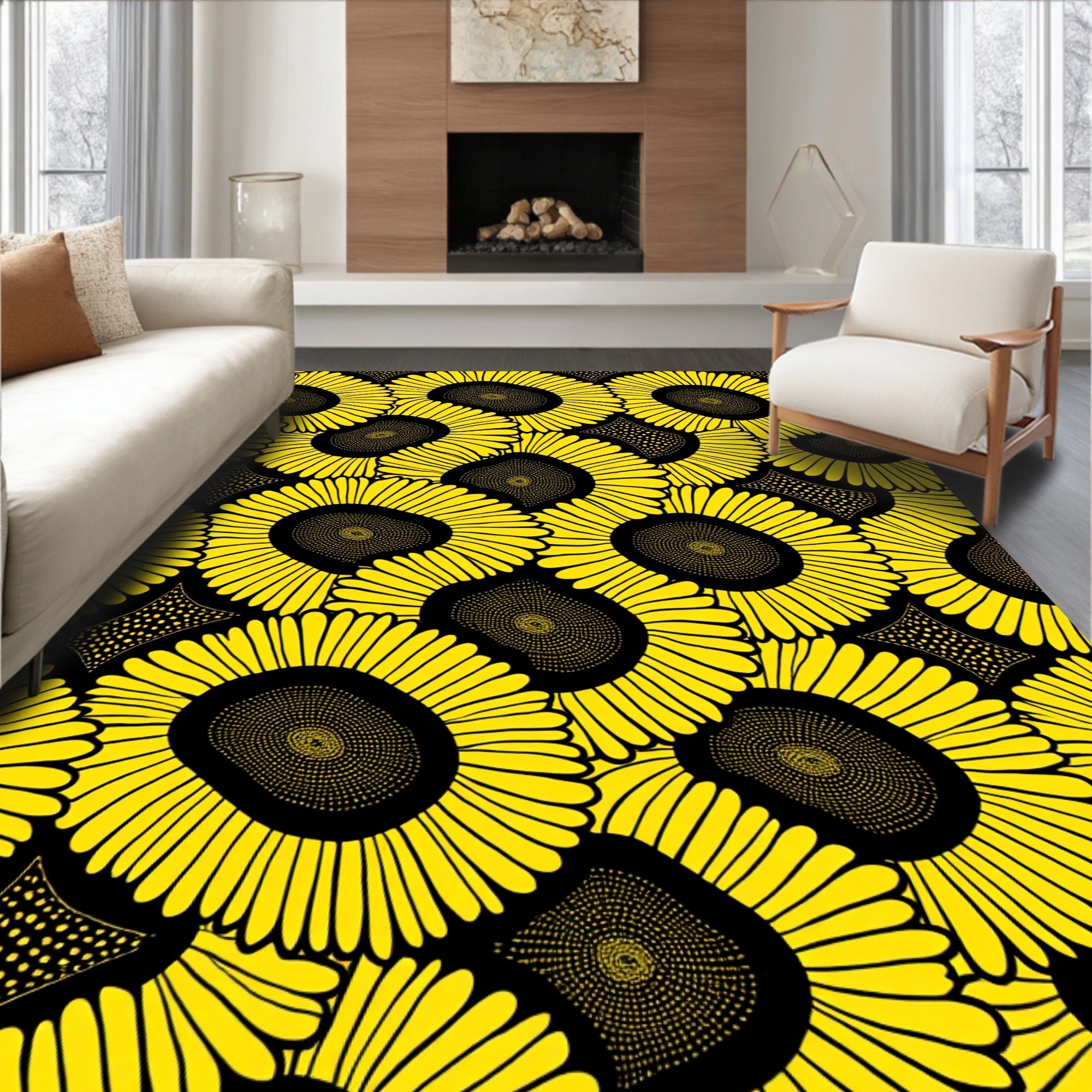 Bright Sunflowers In Black Pattern Rug