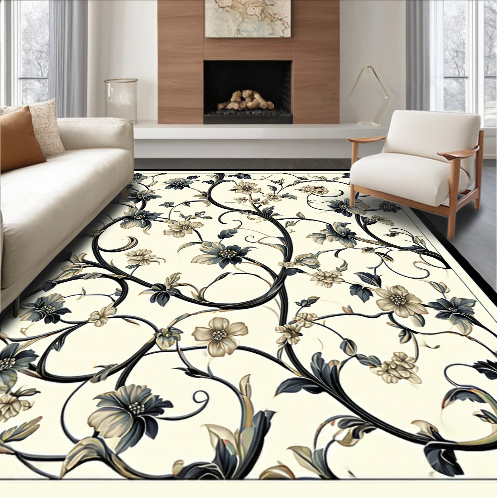 Elegant Floral Scroll Patterned Rug