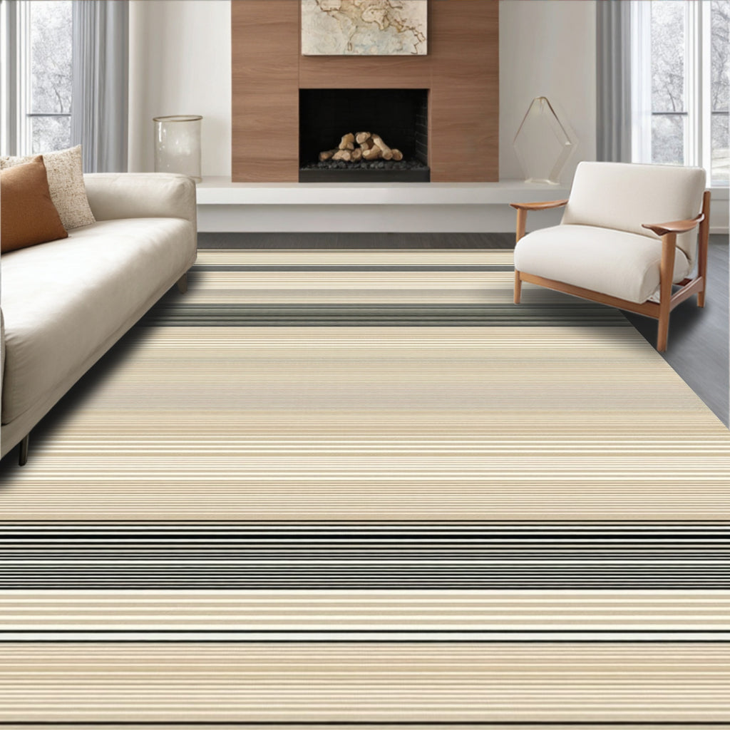 Thin Lined Beige and Black Stripe Pattern Rug