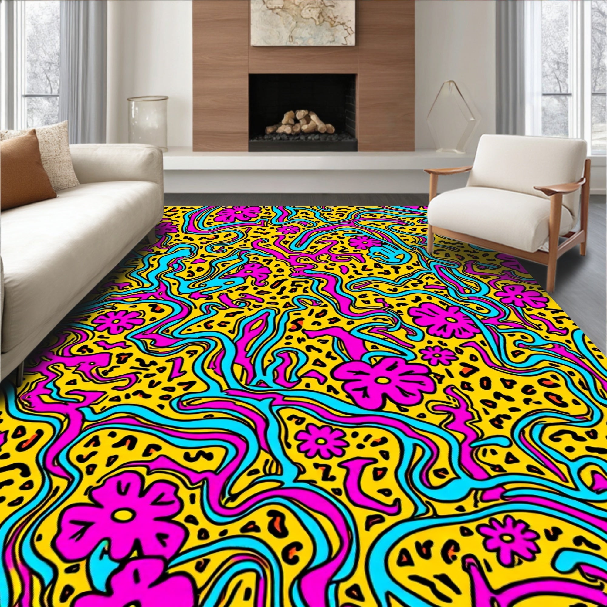 Vibrant Floral Leopard Swirl Pattern Rug