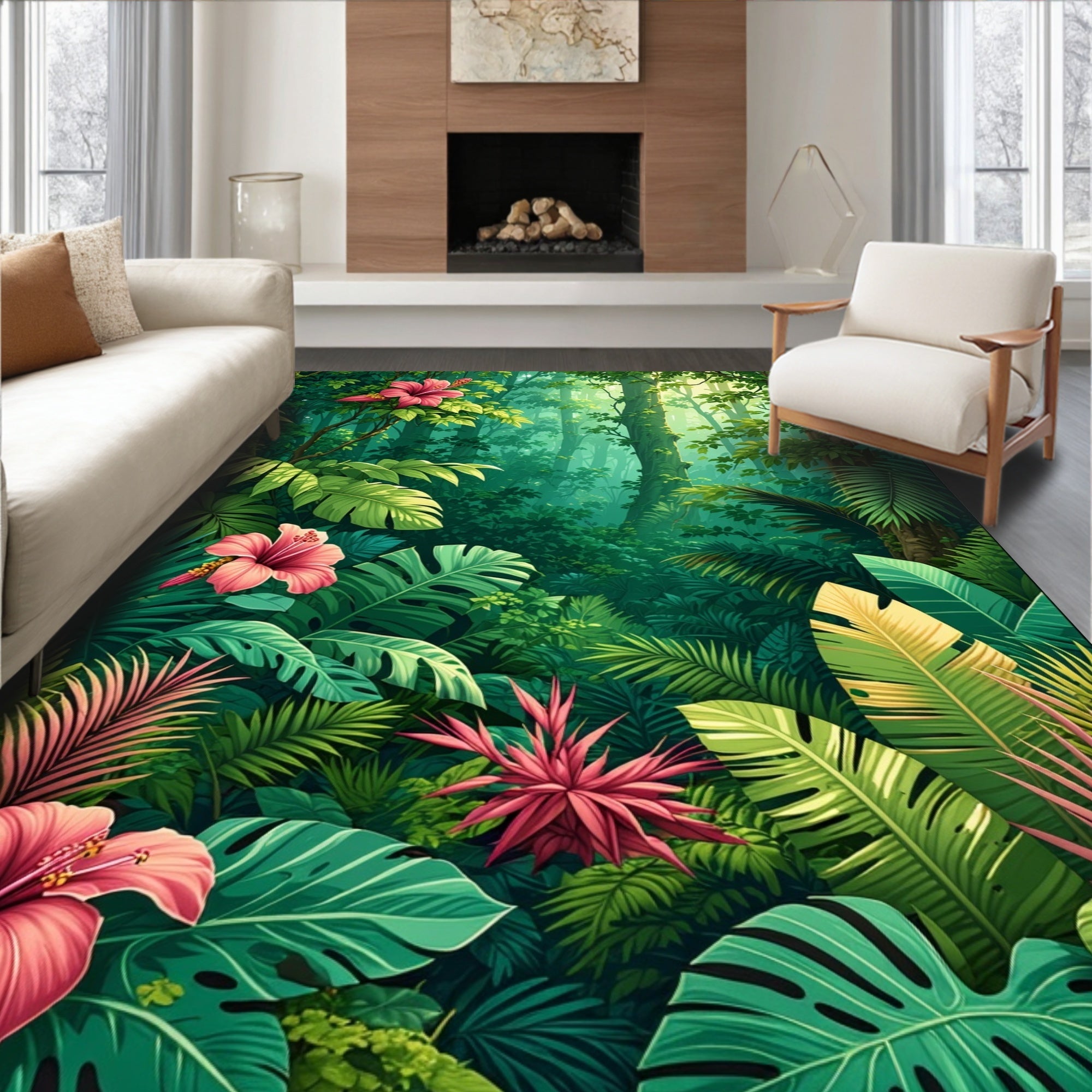 Lush Tropical Ferns With Hibiscus Blossoms Rug