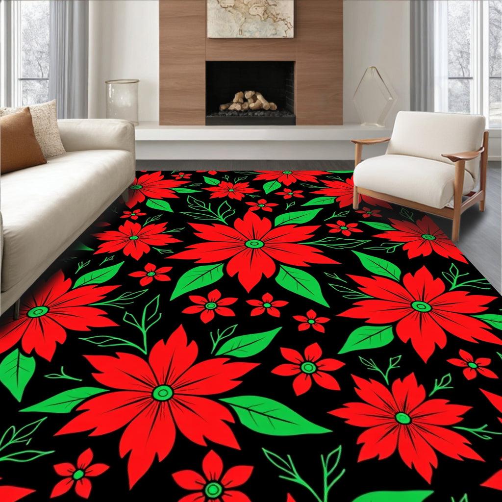 Vibrant Red Floral Garden Black Rug