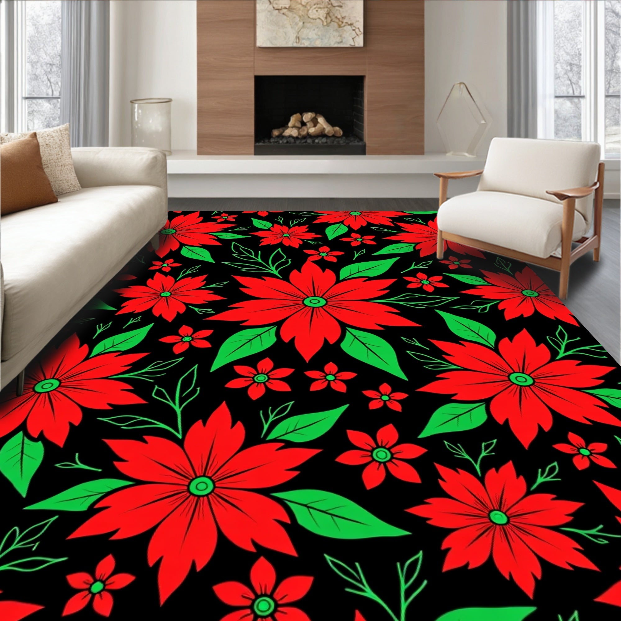 Vibrant Red Floral Garden Black Rug