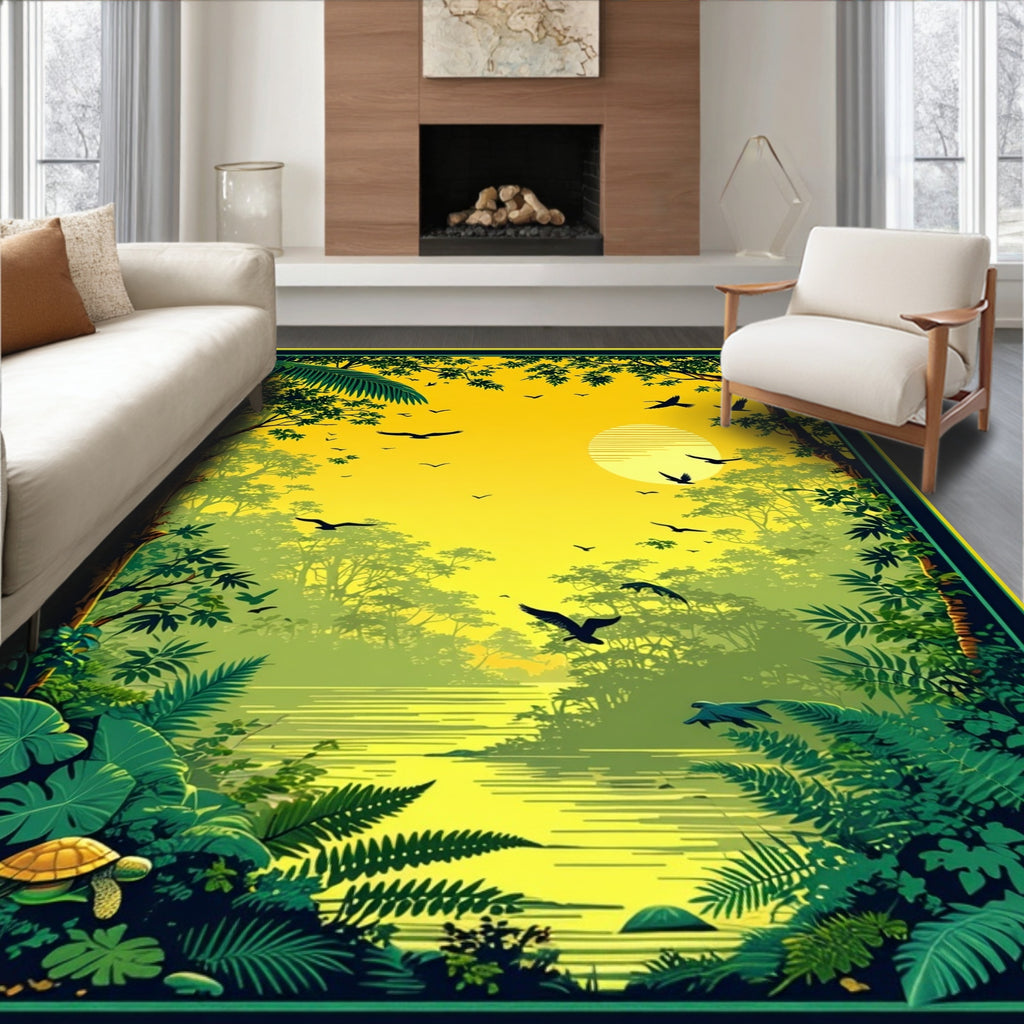 Lush Jungle River Wildlife Scene Rug