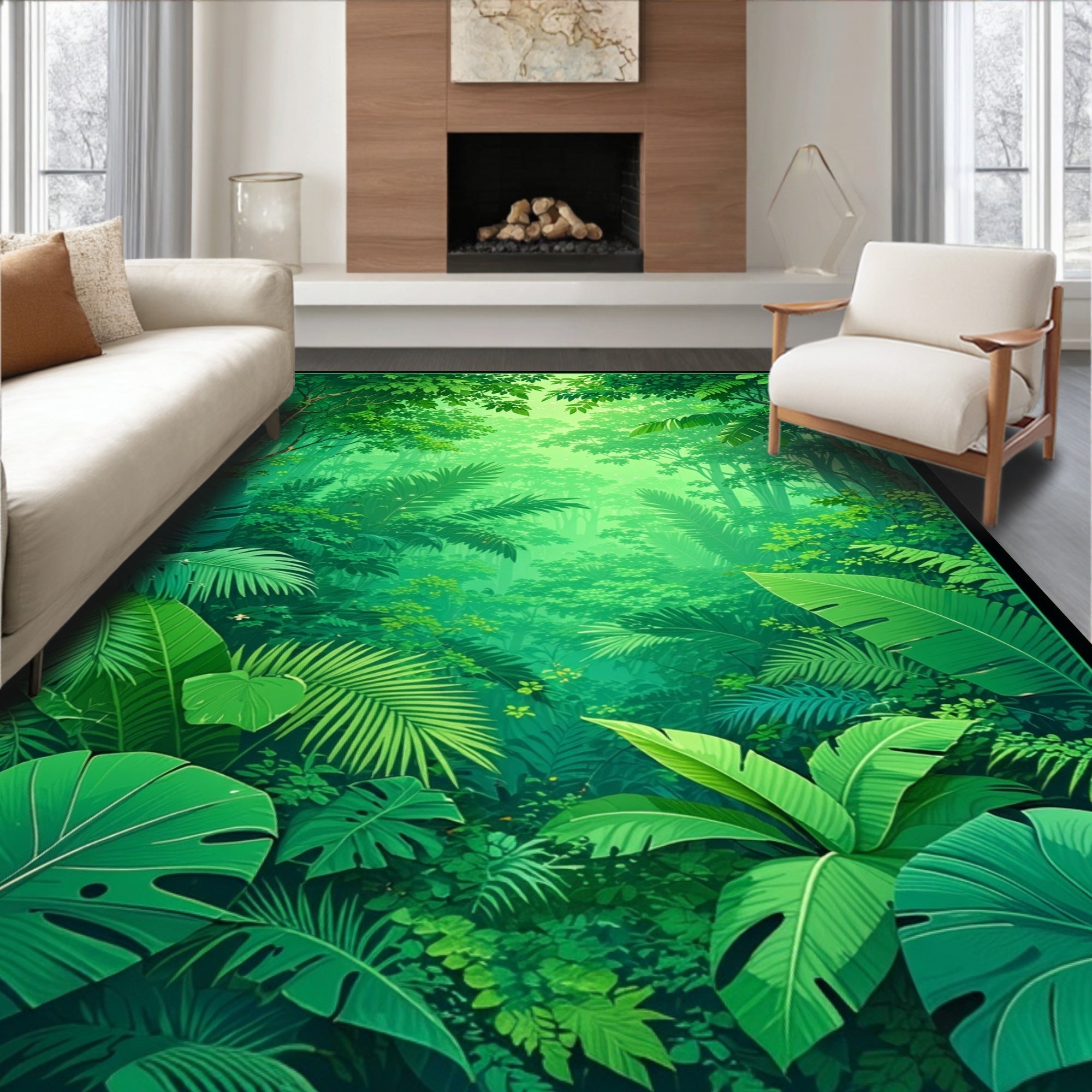 Lush Jungle Leafy Tropical Print Rug