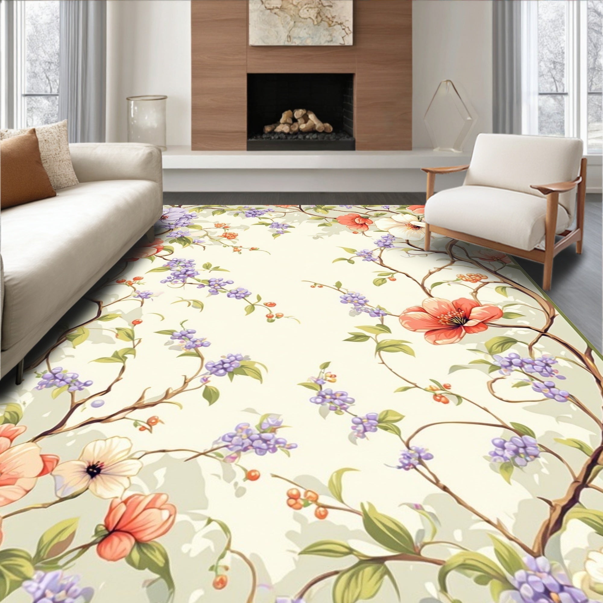 Spring Coral Flower Vine Pattern Rug