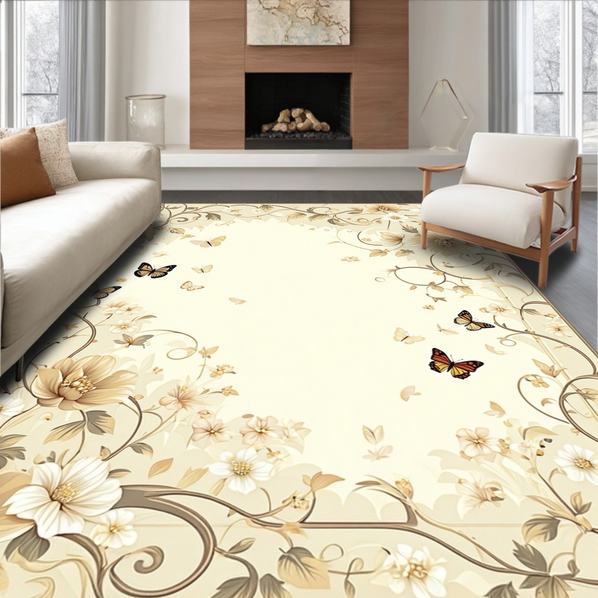 Elegant Floral Butterfly Motif Rug