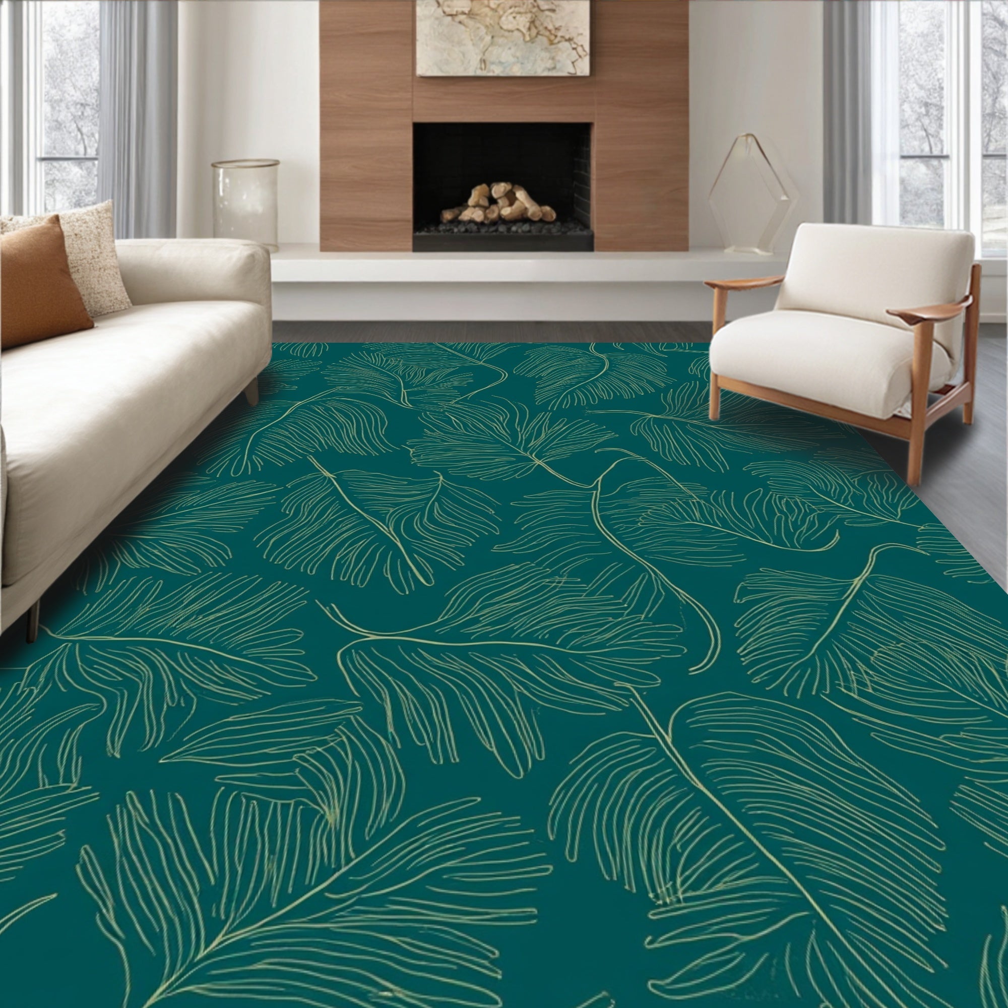 Tropical Leaf Outline Teal Rug