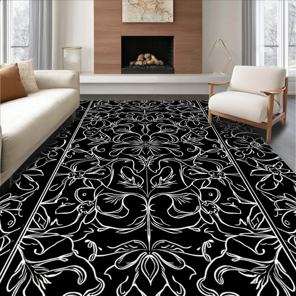Art Nouveau Floral Black White Design Rug
