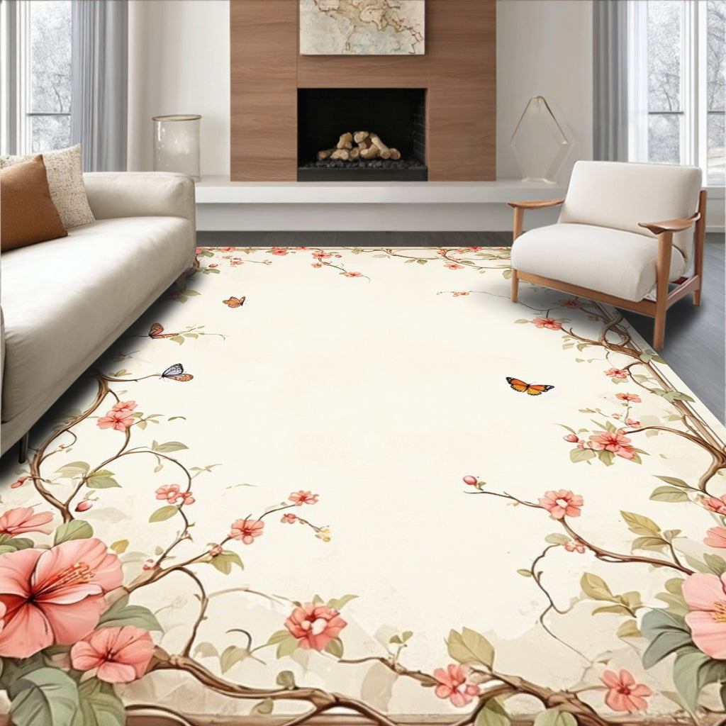 Whimsical Floral Butterfly Garden Frame Rug