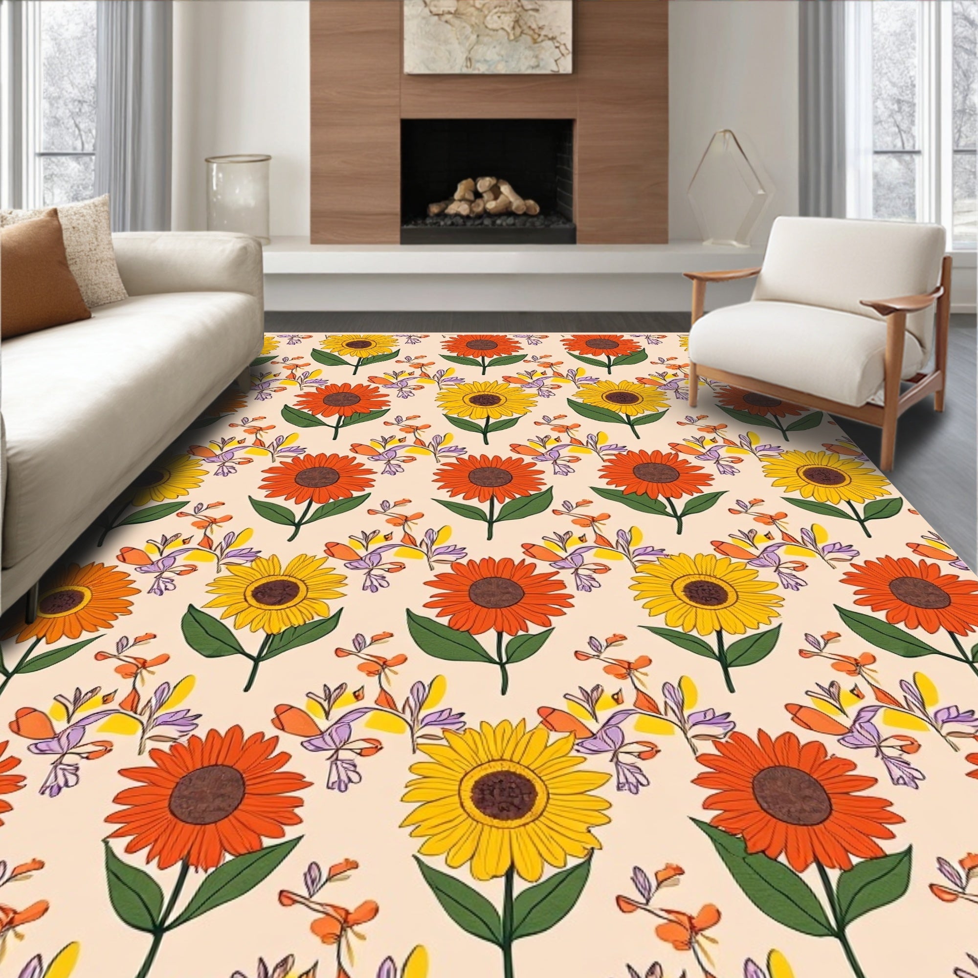 Retro Floral Sunflowers and Leaves Rug