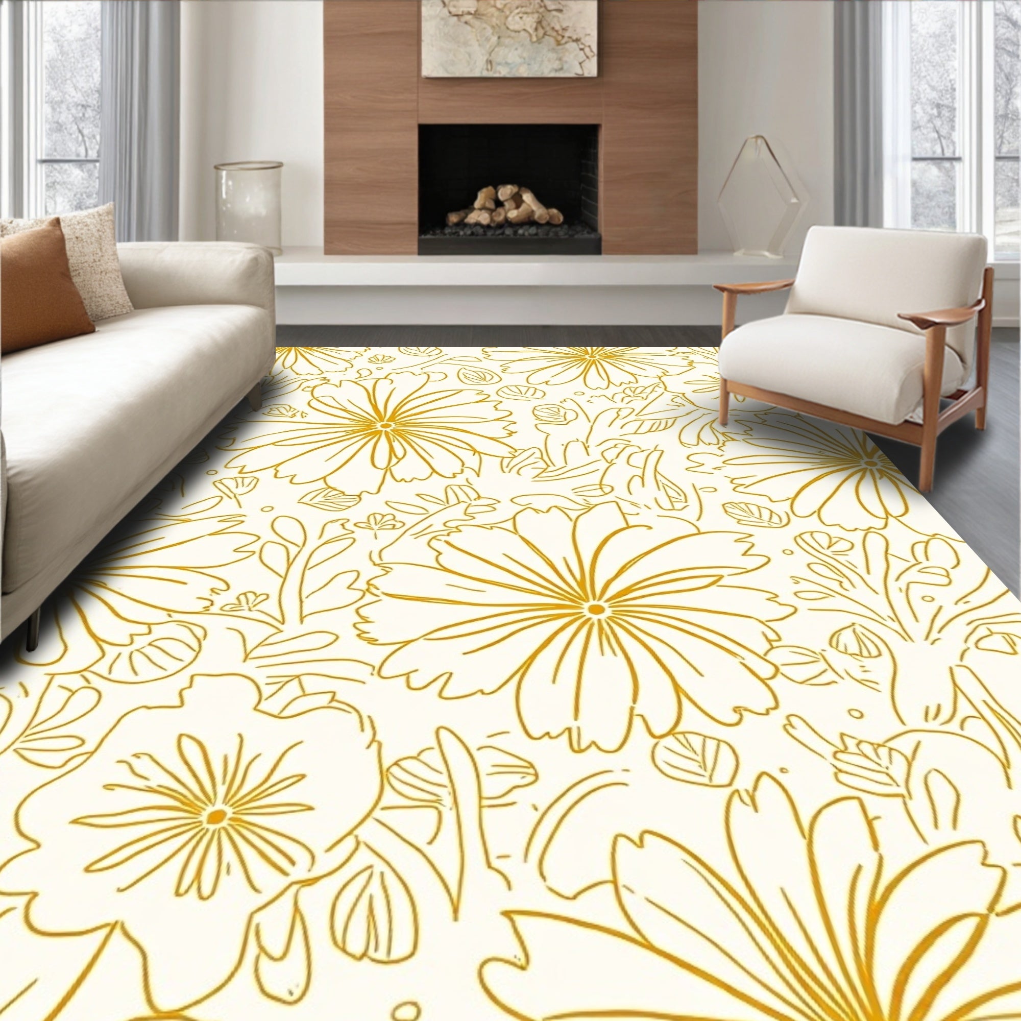 Golden Outline Floral Pattern Rug